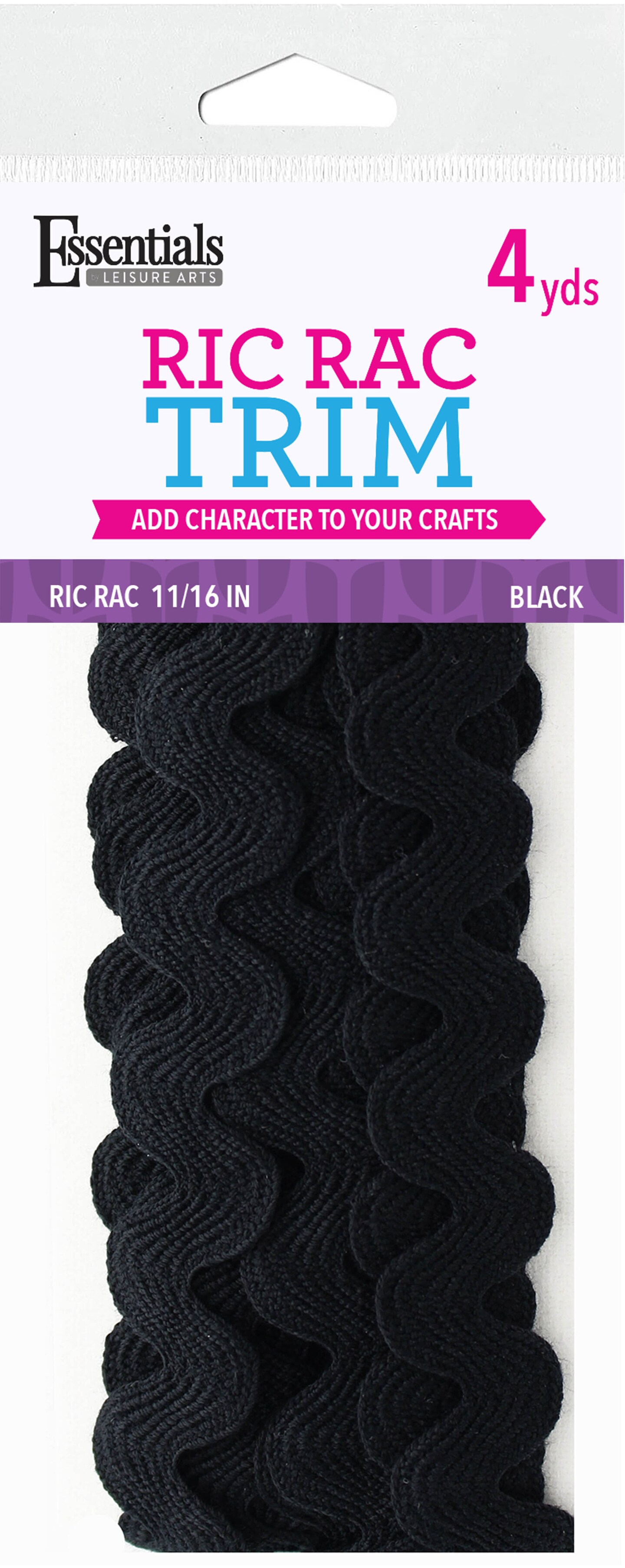 Essentials By Leisure Arts Ric Rac 11/16&#x22;  4 yards Black - rick rack trim for sewing - wavy ric rac trim for sewing and crafts - ric rac ribbon - rick rack trim black