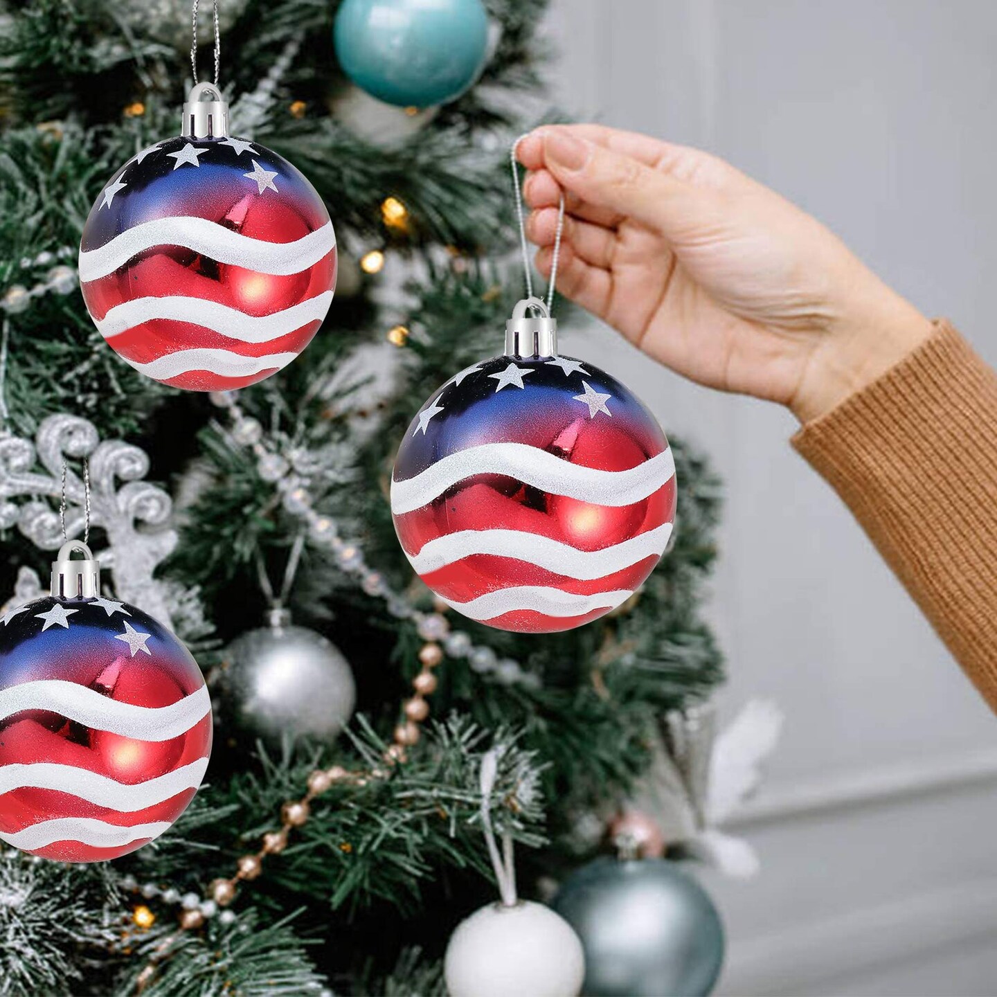 16 Pieces Independence Day Ball Ornament - 4th of July Patriotic Hanging Ball Decoration American Flag Ornament for Independence Day, Christmas Tree, USA Themed Party Supplies (16)