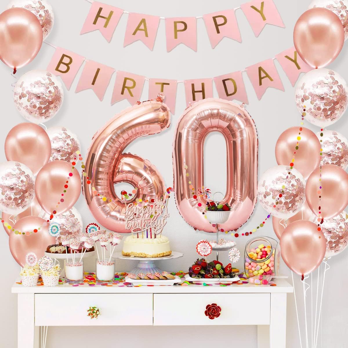 60th Birthday Decorations Women, Rose Gold 60 Birthday Party Decorations for Women, Happy 60th Birthday Banner, Crown, Sash, Cake Topper and Number Balloon, 60th Birthday Gifts for Women Decorations