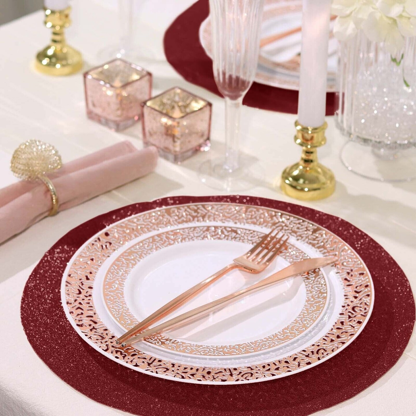 6 BURGUNDY 13&#x22; Round Glittered Faux Leather PLACEMATS