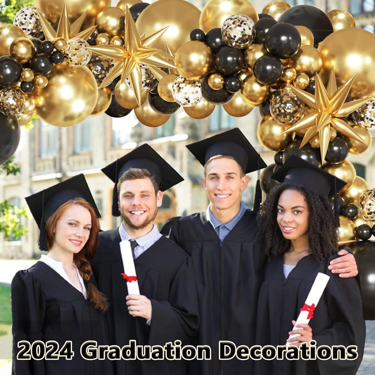 Black and Gold Balloons Garland Arch Kit, Black Gold Confetti Balloons with Starburst Balloons for 2024 Graduation Class Wedding Retirement Anniversary Birthday Party Decorations