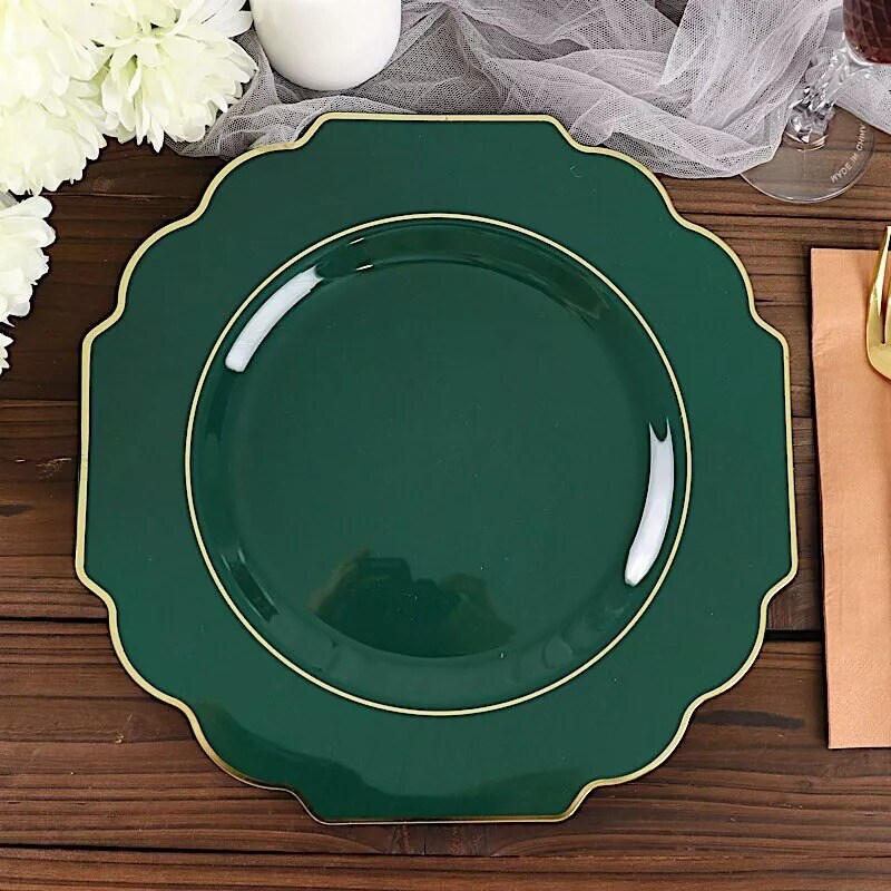 10 HUNTER GREEN 12" Baroque PLASTIC DINNER PLATES with Gold Rim