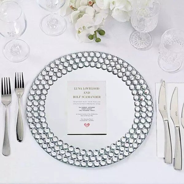2 SILVER 13&#x22; Round Mirror Glass CHARGER PLATES Diamond Rim
