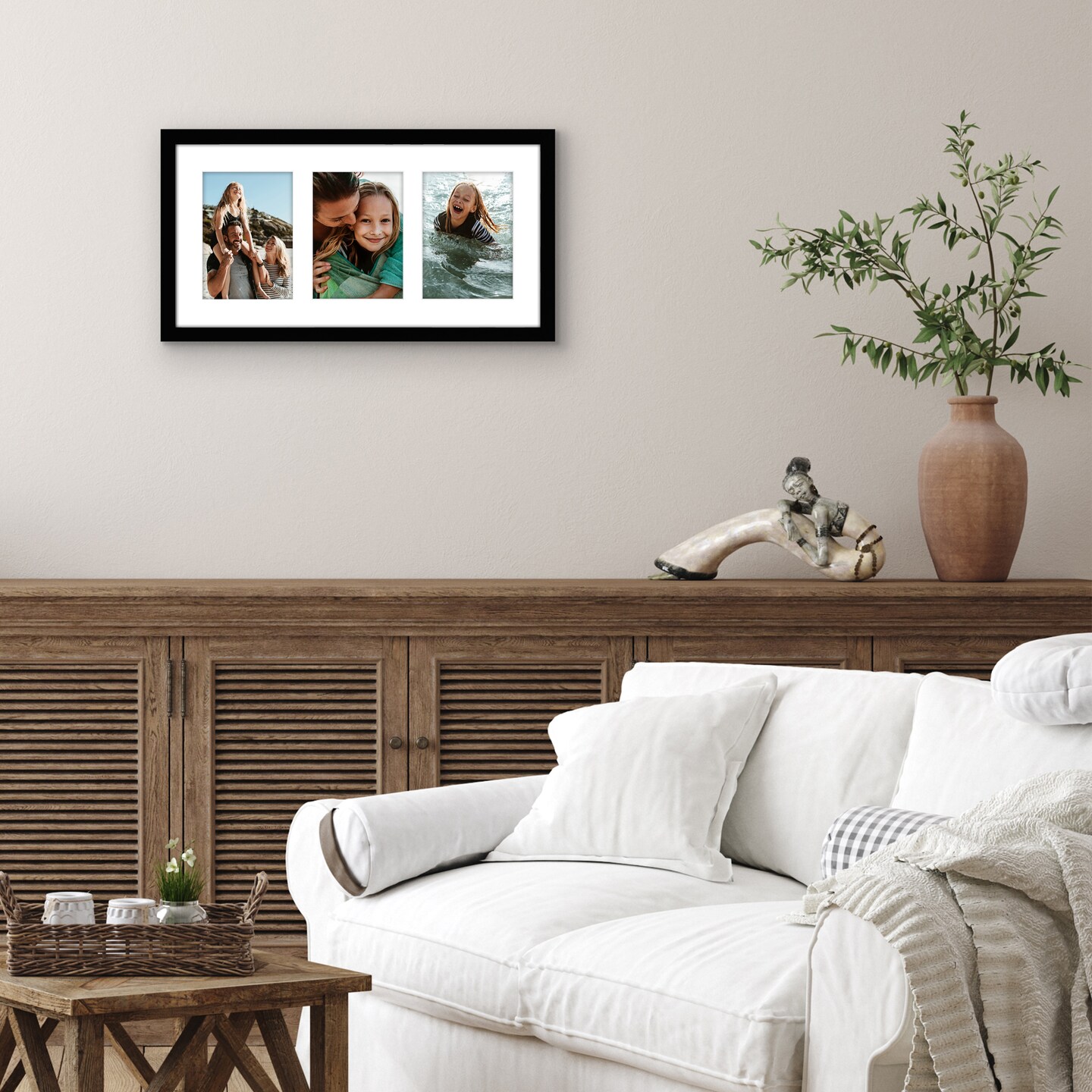 Americanflat 10x20 Collage Picture Frame - Displays (3) 5x7 Photos with Mat or (1) 10x20 Photo without Mat - Wall Gallery Decor - Plexiglass Cover - Hanging Hardware - Black