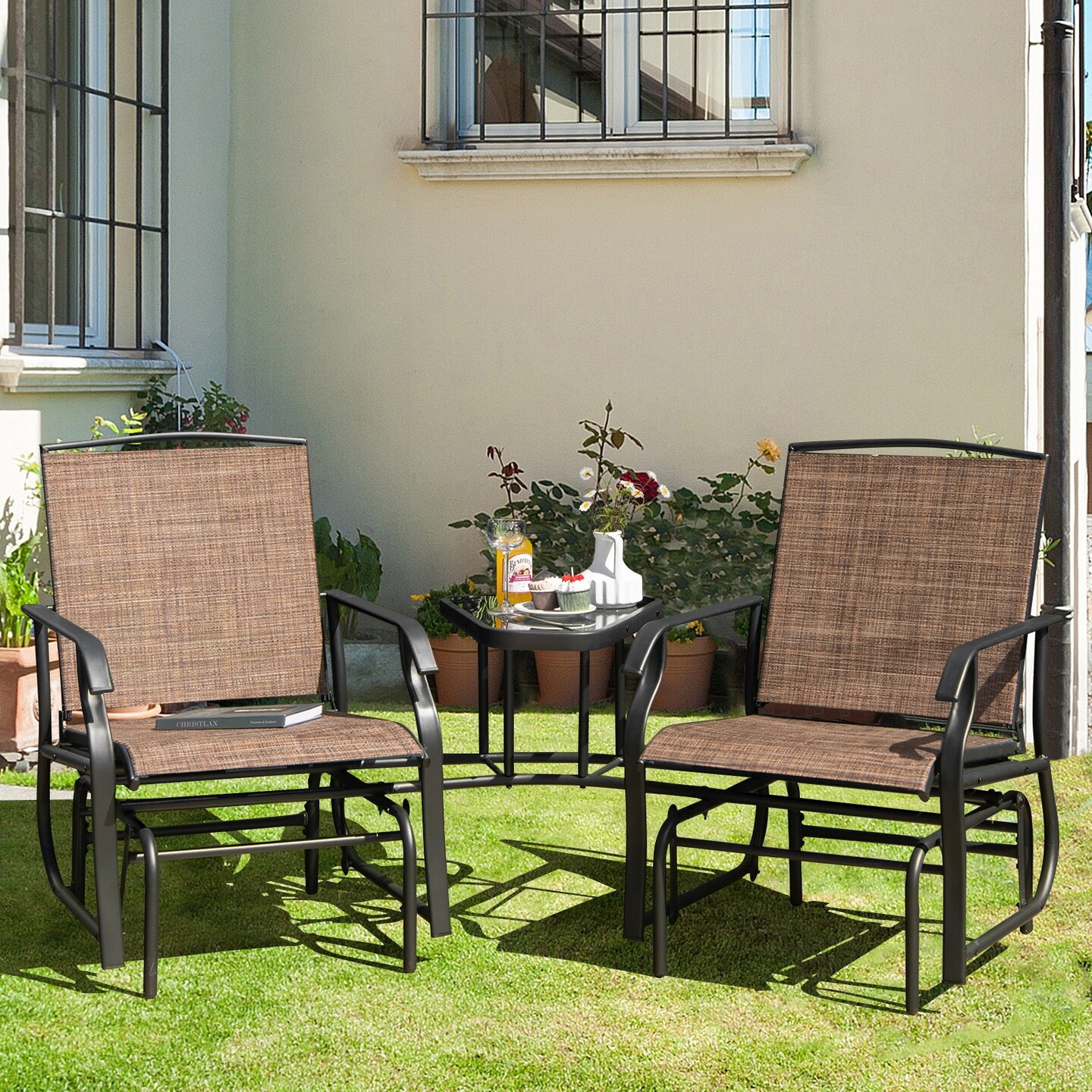 Double Swing Glider Rocker Chair Set With Glass Table