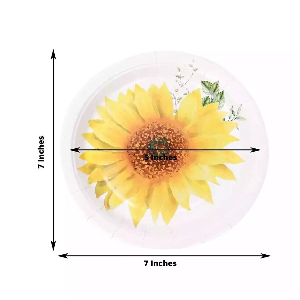 25 White 7&#x22; Round Paper Plates with Sunflower Design