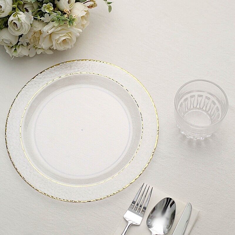 50 CLEAR 10&#x22; Round Salad PLATES Hammered GOLD Trim