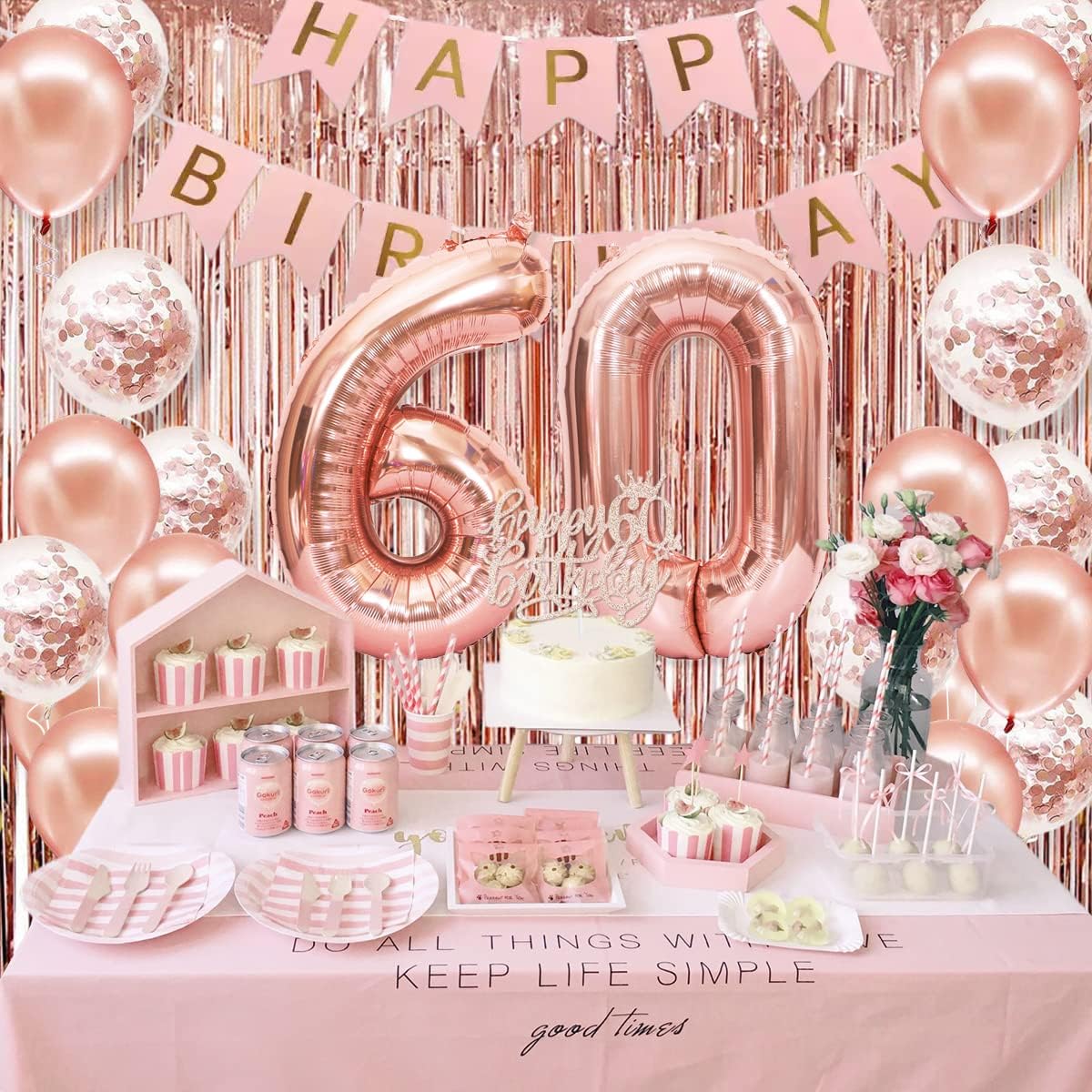 60th Birthday Decorations Women, Rose Gold 60 Birthday Party Decorations for Women, Happy 60th Birthday Banner, Crown, Sash, Cake Topper and Number Balloon, 60th Birthday Gifts for Women Decorations