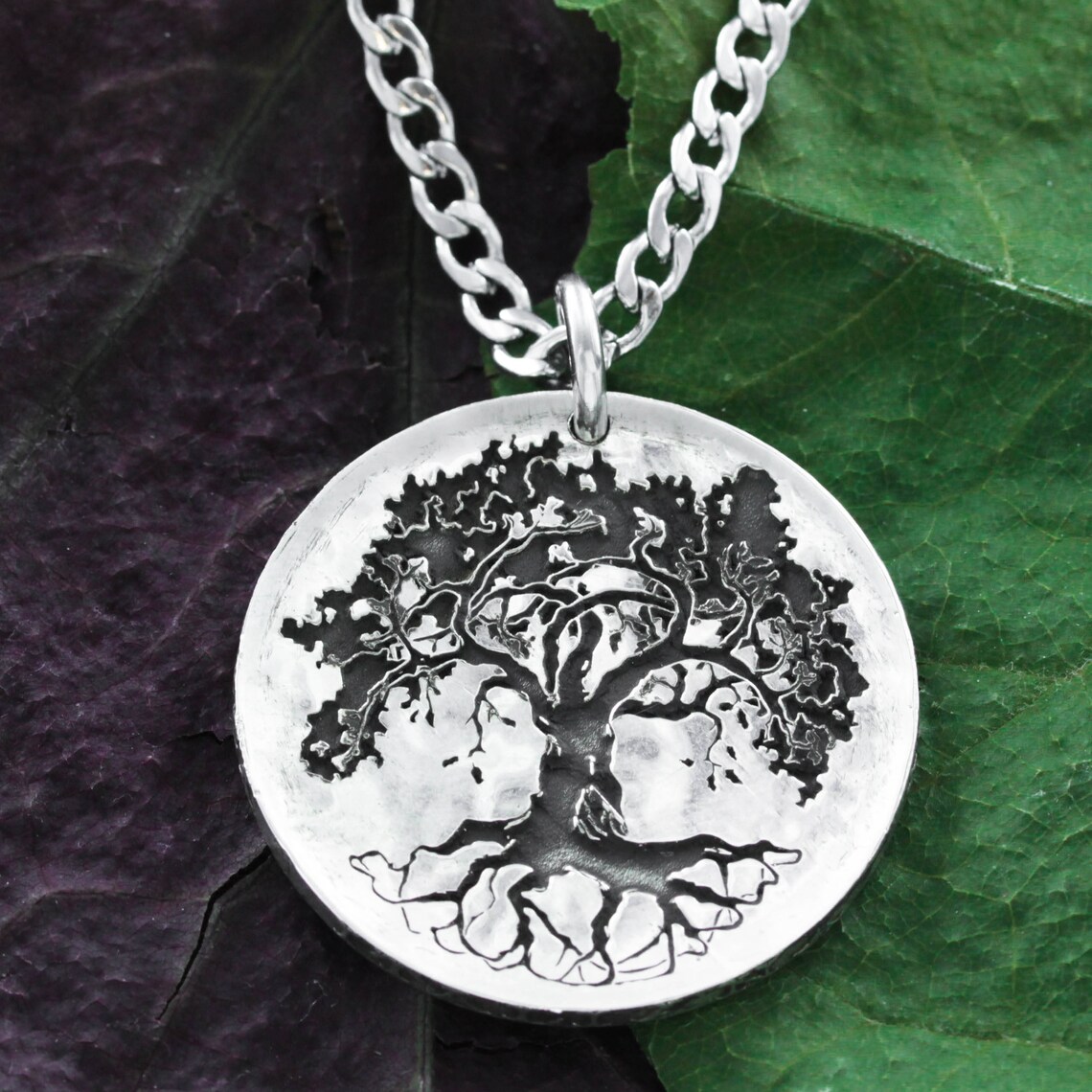 product name is Silver Oak Tree Necklace, Tree Jewelry, Hammered and Engraved Silver Coin, By NameCoin