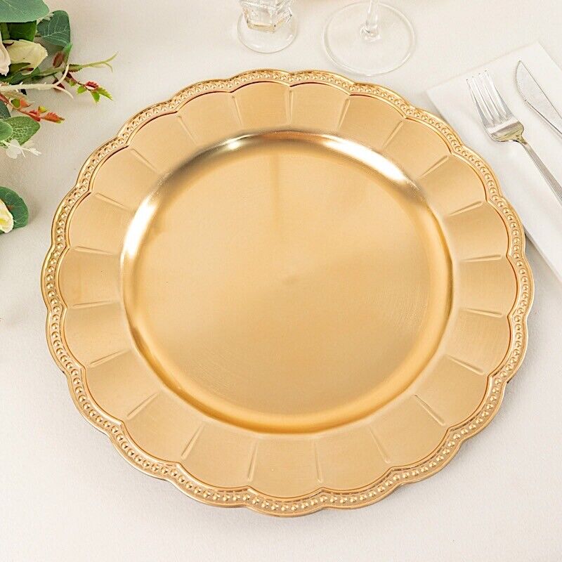 GOLD 6 Round 13&#x22; Plastic CHARGER PLATES Beaded Sunflower Rim