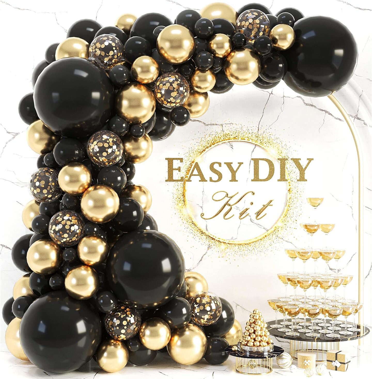 ALL-IN-1 Black and Gold Balloon Garland Kit & Arch – Black Gold Balloons Party Decorations – Balloon Arch for Gold and Black Birthday, Graduation, New Years, NYE, Retirement, Wedding, Anniversary