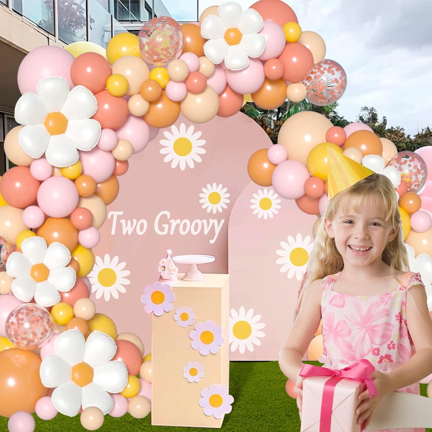 Boho Daisy Balloon Garland Arch Kit,172Pcs Groovy Balloon Arch Kit with Daisy Flower Rose Gold Confetti Balloons for Boho Daisy Theme Birthday Baby Shower Wedding Groovy Party Decorations