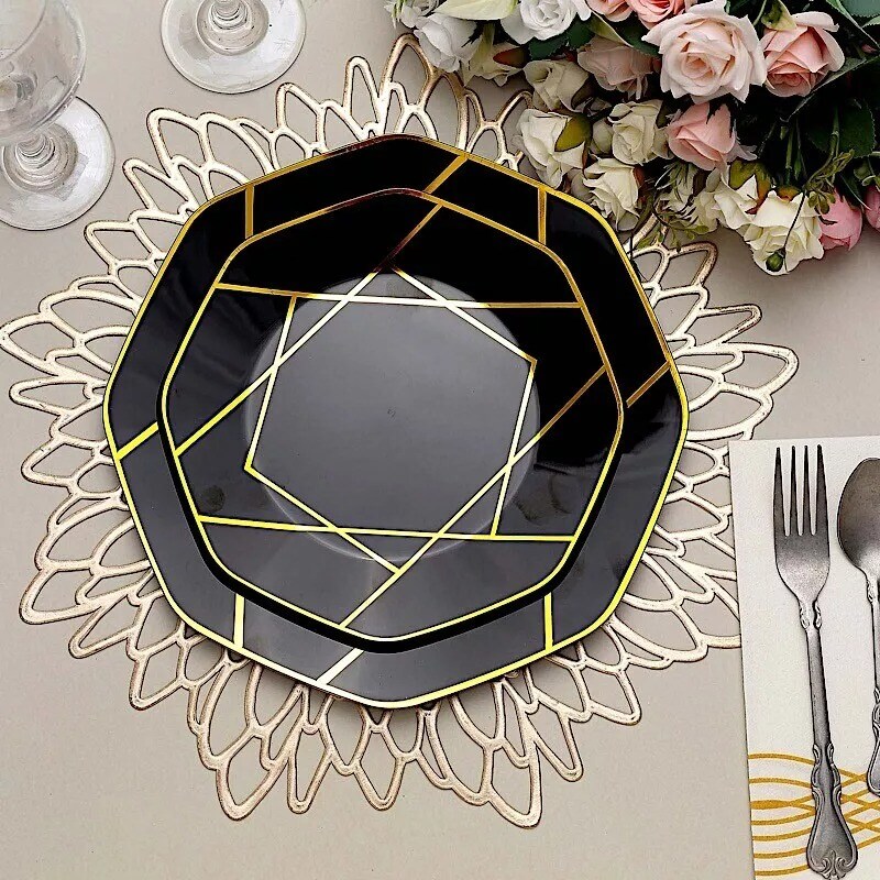 10 BLACK GOLD 8&#x22; Octagon DISPOSABLE SALAD PLATES Geometric