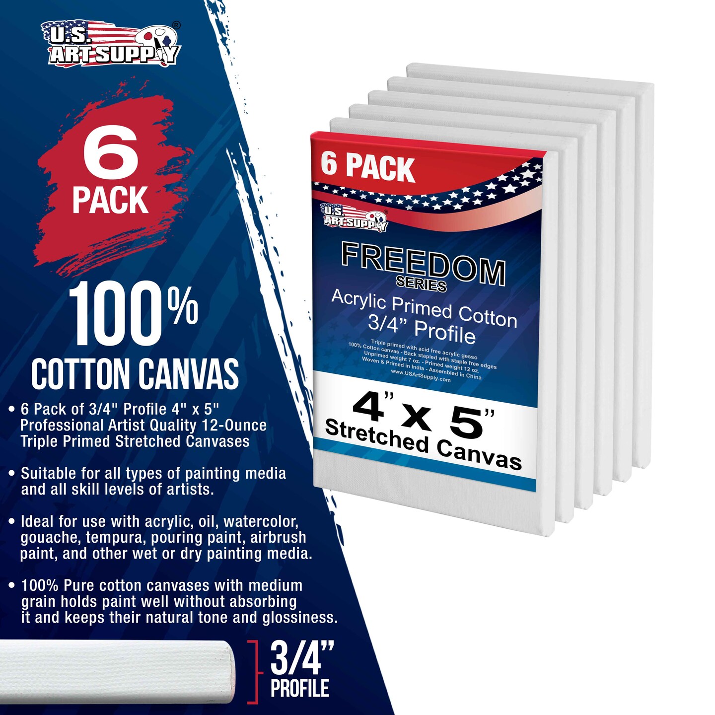 4 x 5 inch Stretched Canvas 12-Ounce Triple Primed, 6-Pack - Professional Artist Quality White Blank 3/4&#x22; Profile, 100% Cotton, Heavy-Weight Gesso