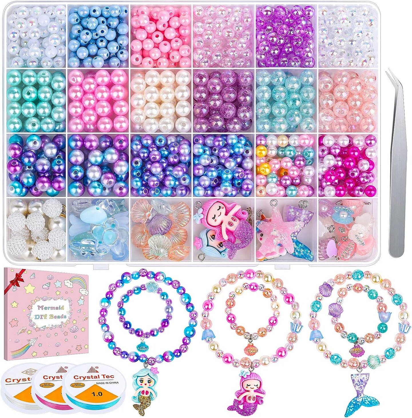 802Pcs Bracelet Making Kit for Girls Mermaid Beads for Jewelry Making Assorted Sizes 6mm 8mm Jewelry Making Kit with Mermaid Shell Pendants, Mermaid Beads for Bracelet Necklace DIY Craft