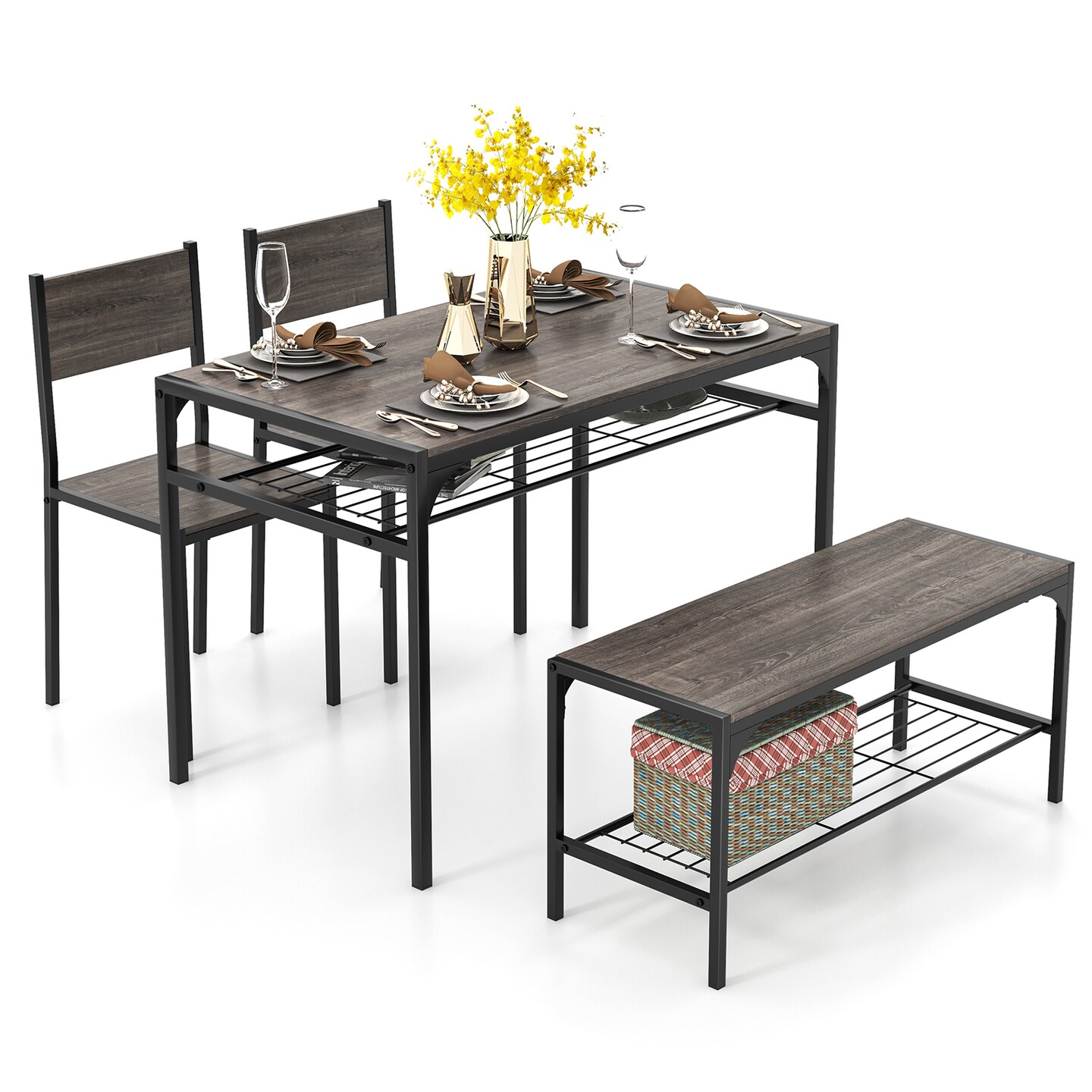 Wood Industrial Rectangular Dining Table with Bench and Metal Chairs