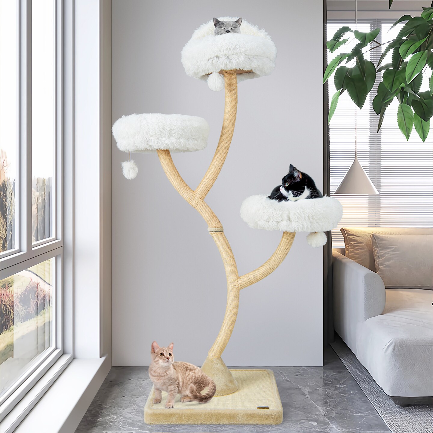 70&#x22; Tall Cat Tree 4-layer Cat Tower With 3 Perches And Dangling Balls-beige