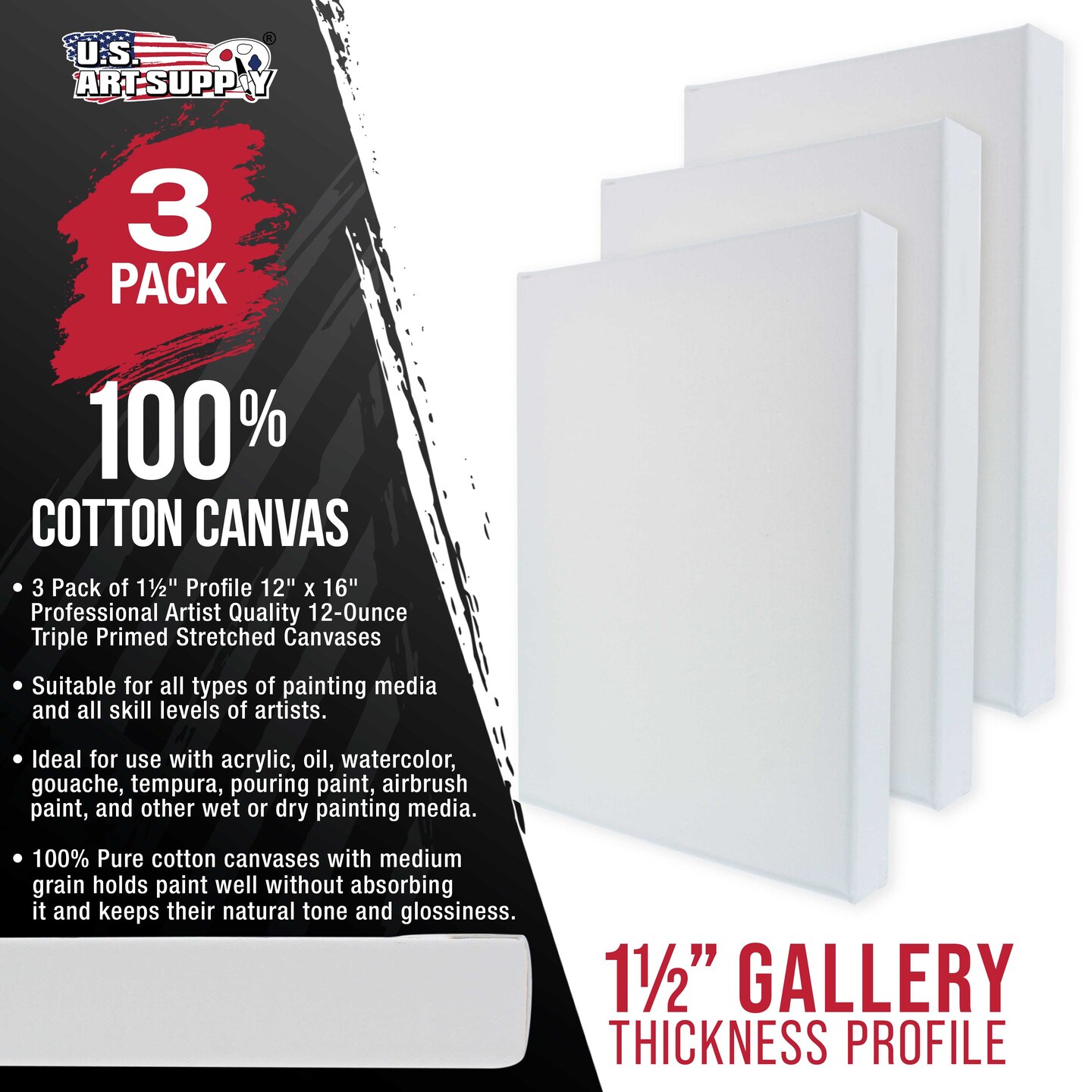 12 x 16 inch Gallery Depth 1-1/2&#x22; Profile Stretched Canvas, 3-Pack - 12-Ounce Acrylic Gesso Triple Primed, - Professional Artist Quality, 100% Cotton