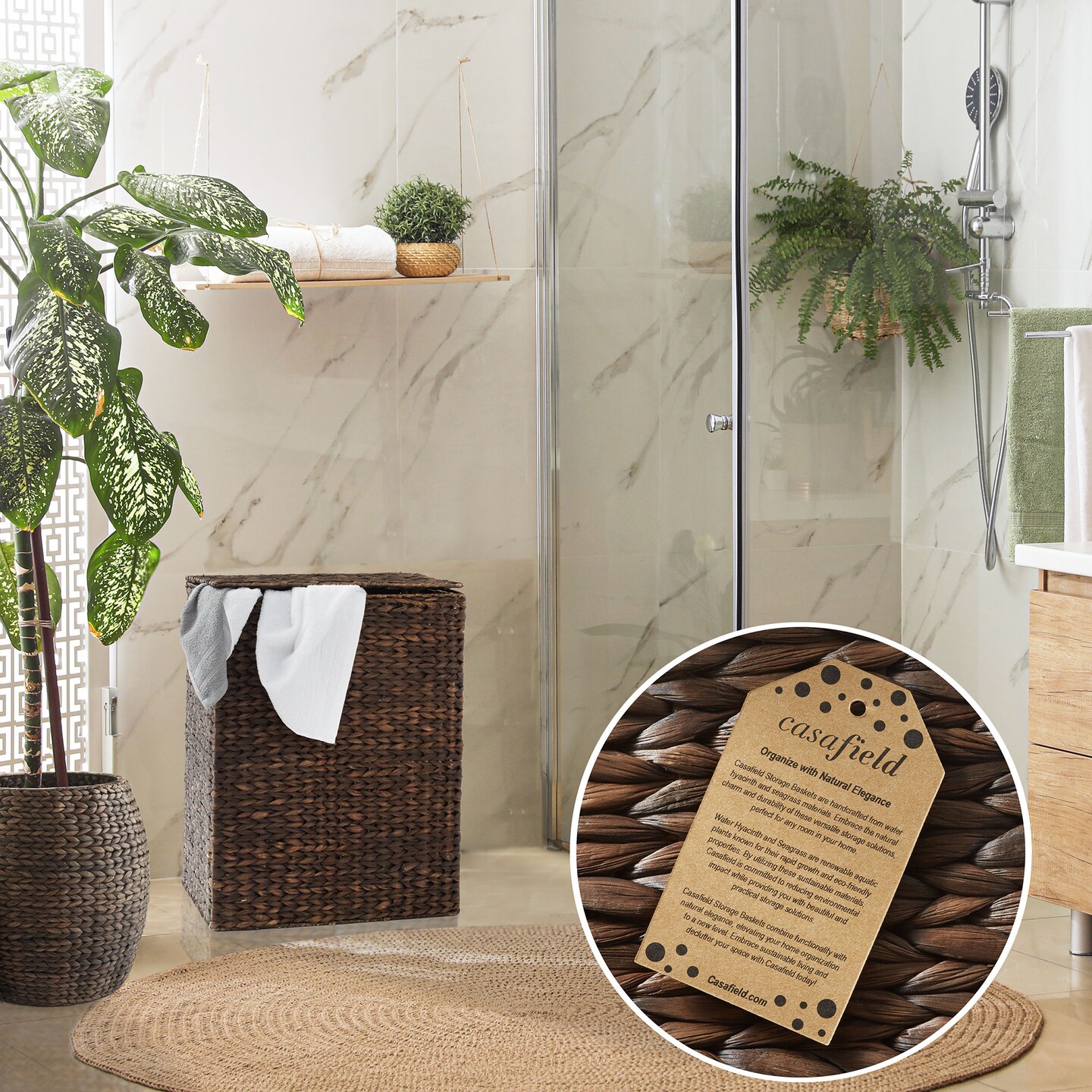 Casafield Large Laundry Hamper with Lid and Removable Liner Bag, Woven Water Hyacinth Rectangular Laundry Basket Sorter for Clothes and Towels