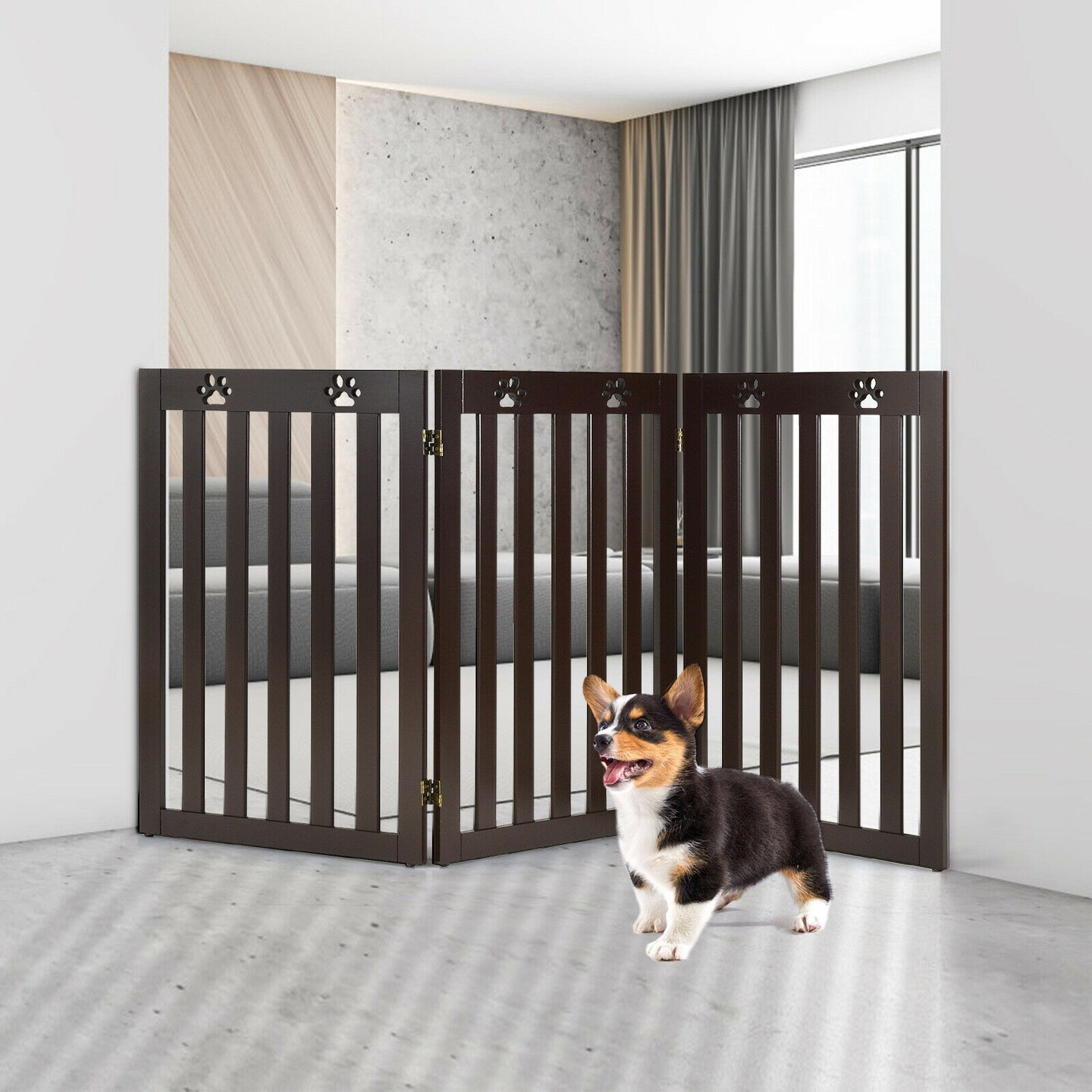 36 Inch Folding Wooden Pet Gate Freestanding Dog Gate with 360&#xB0; Flexible Hinge
