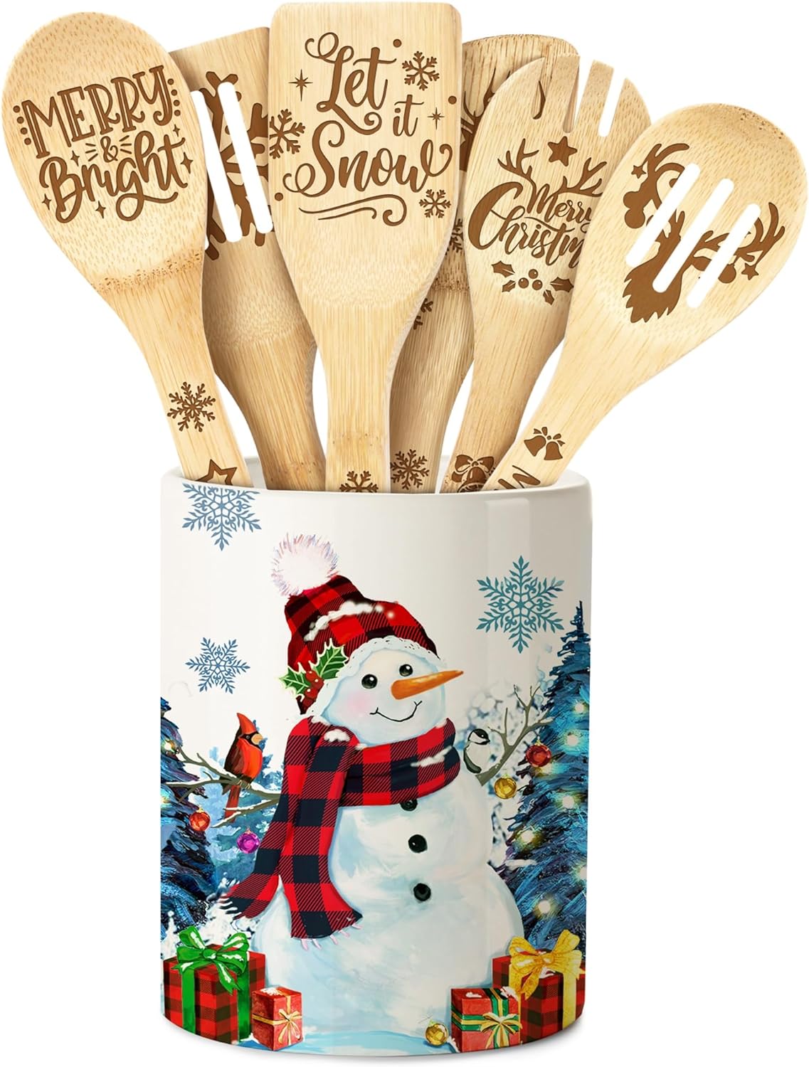 Blue Snowman Christmas Utensil Holder with Bamboo Spoons Set