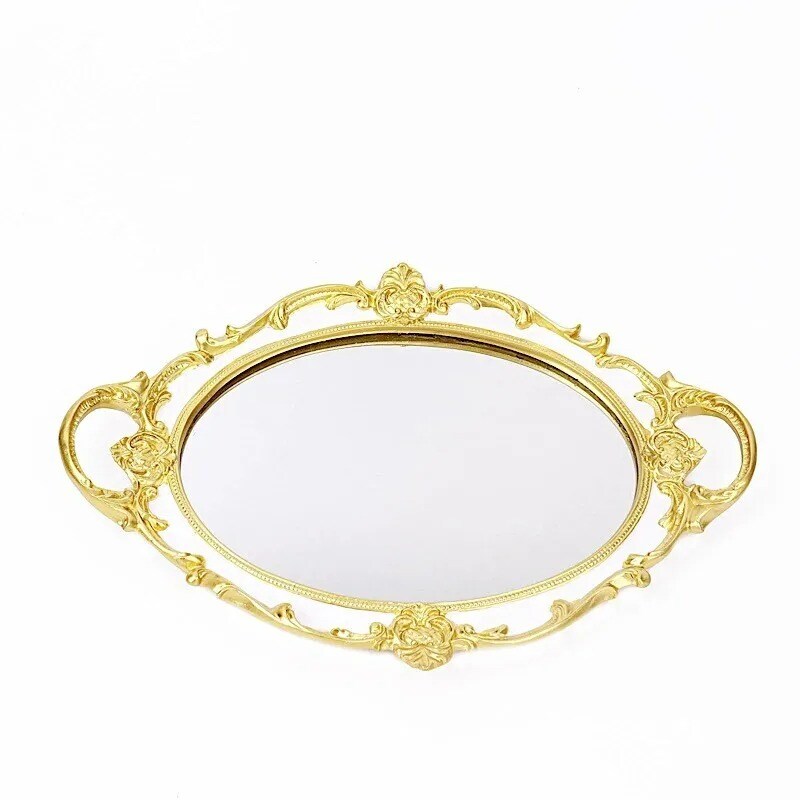 14&#x22;x10&#x22; WHITE GOLD Metallic Oval Mirror SERVING TRAY Handles