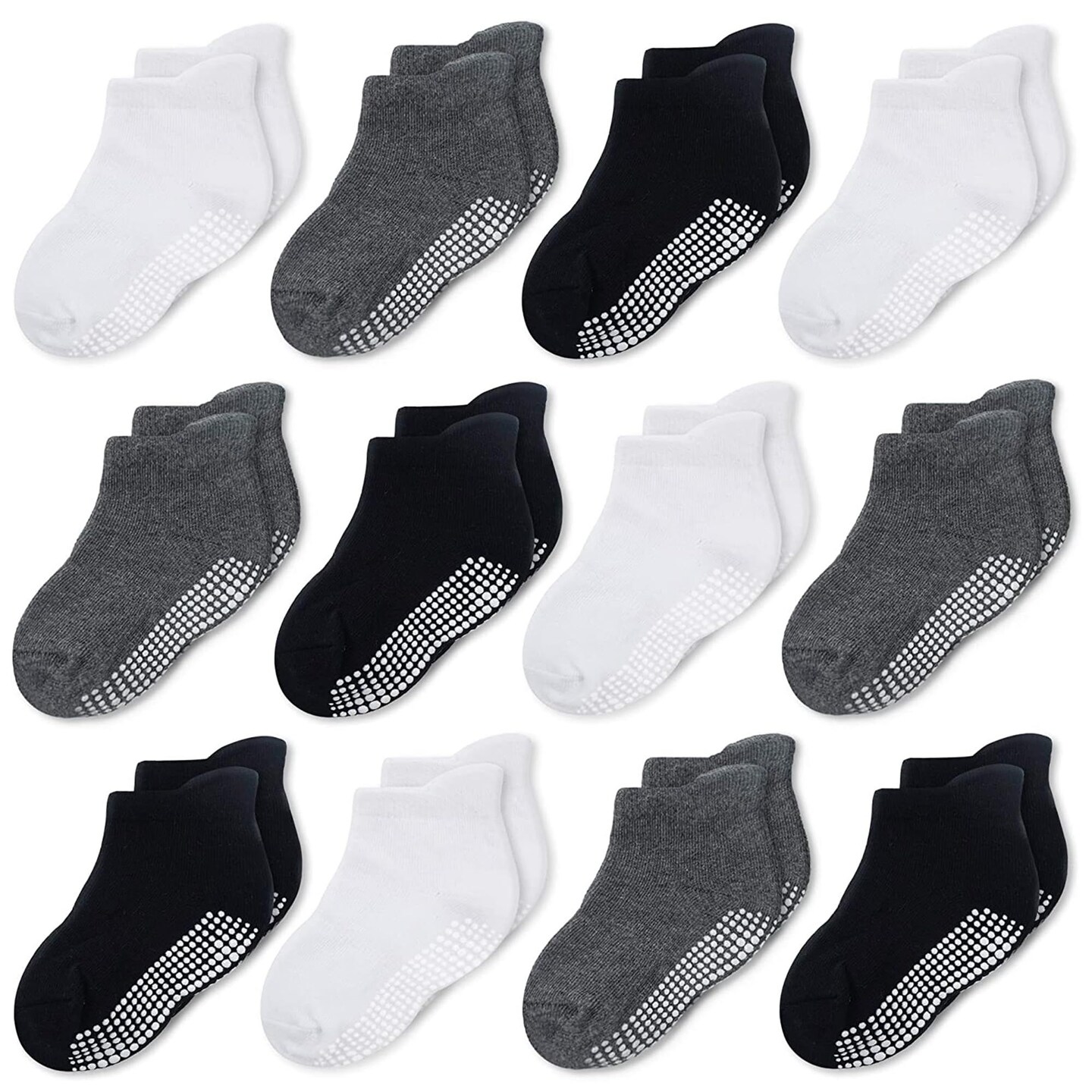 CozyWay Non-Slip Ankle Style Socks with Grippers, 12 Pack for Baby Boys and Girls, Black White and Dark Gray, 1-3 Years, Unisex