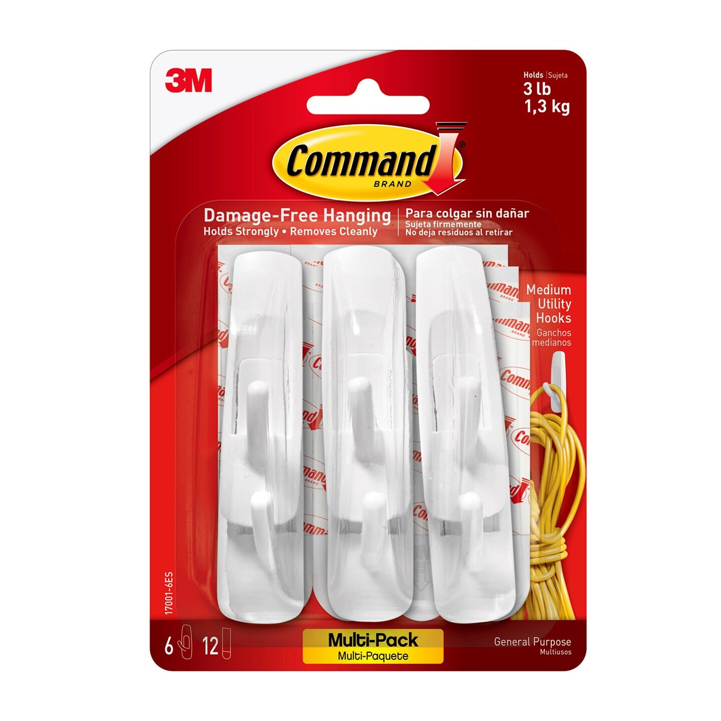 Command&#x2122; Medium Utility Hooks Multi-Pack, 6 Per Pack, 3 Packs