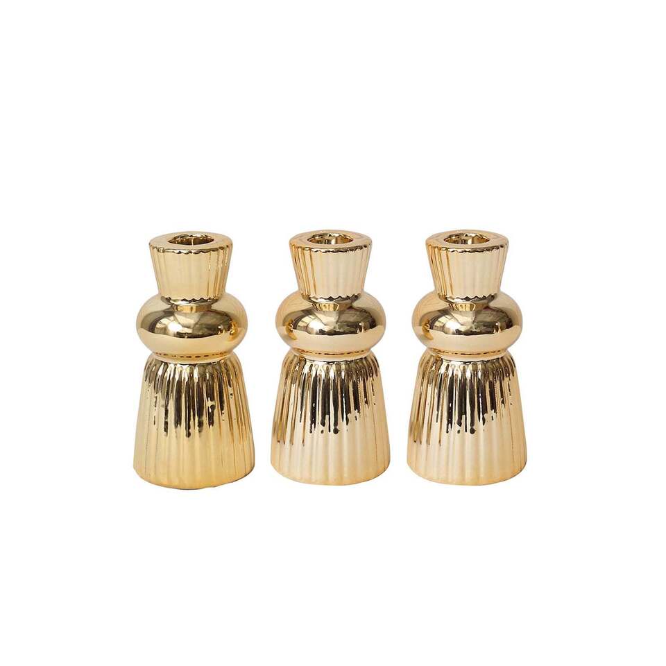 3 Metallic Gold 5 in Ribbed Fluted Ball Neck Ceramic Taper CANDLE HOLDERS
