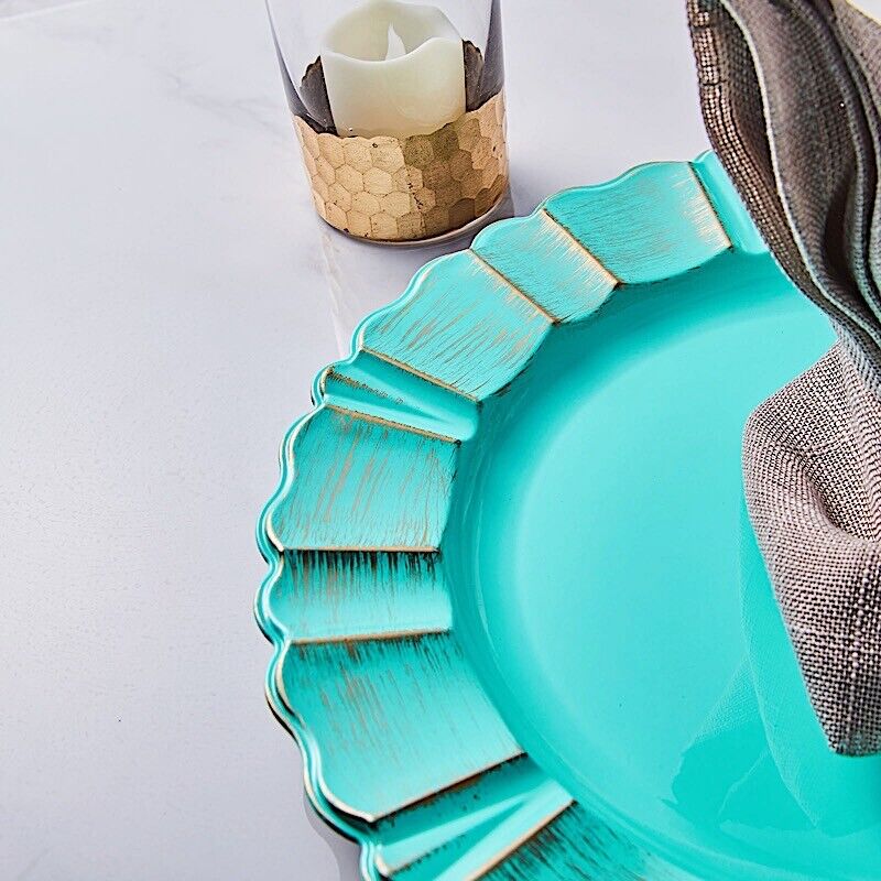 6 TURQUOISE GOLD 13&#x22; Round Scalloped Trim Charger Plates