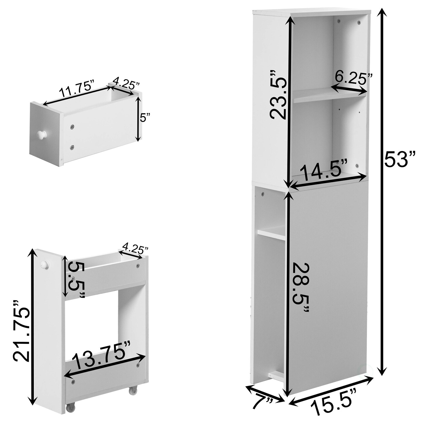 Freestanding Narrow and Slim Design White Bathroom Storage Cabinet - Ideal as Toilet Paper Storage, Feminine Product Organizer or Hair Tool Organizer with Storage Drawer and Adjustable Shelf