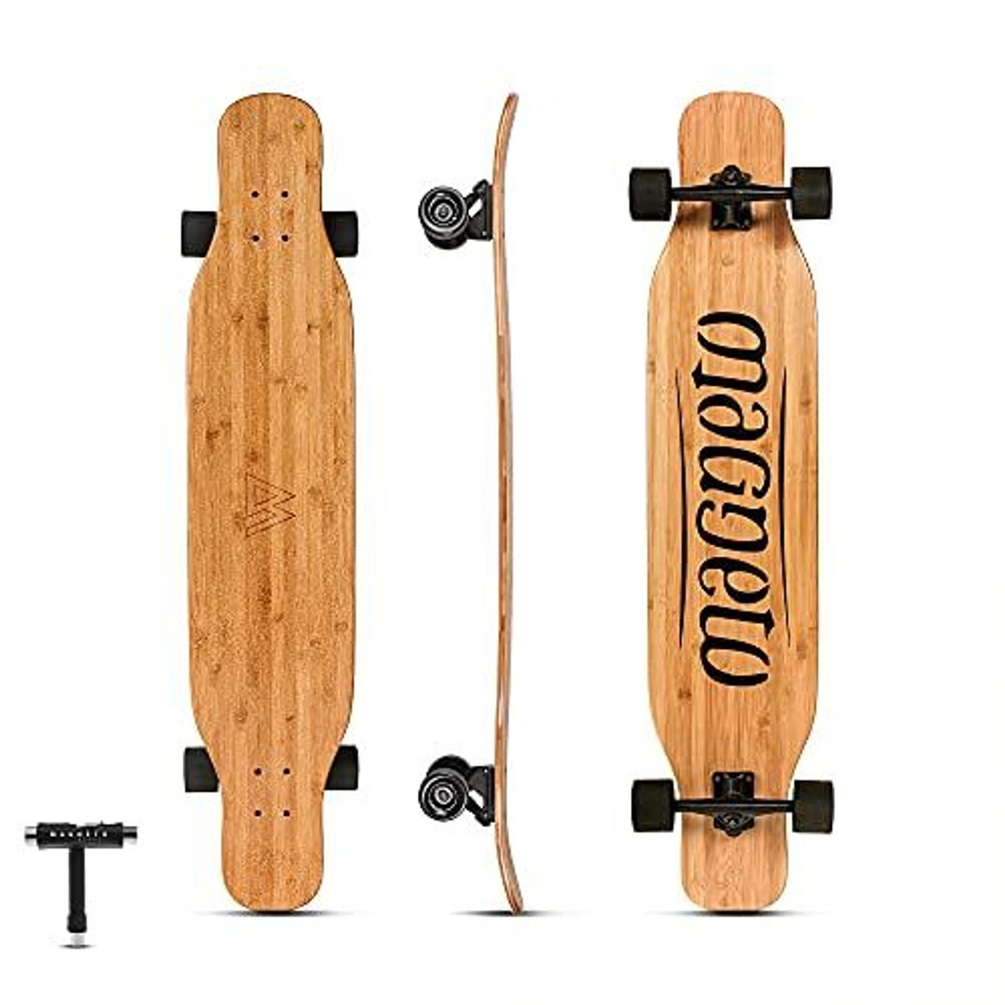 Magneto Bamboo Carbon Fiber Longboard Skateboard | 46&#x201D; x 9.5&#x201D; | Cruising, Carving, Downhill and Dancing | Kicktails Tricks Carver Drop Through | Great for Teens Adults Men Women | Free Skate Tool