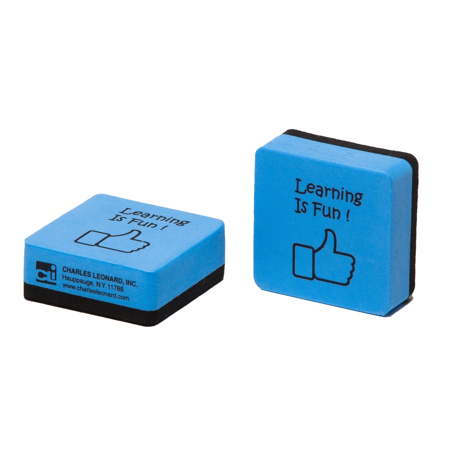 Mini Whiteboard Eraser, Felt/Foam, 2&#x22;x2&#x22; &#x22;Learning is Fun&#x22;, Blue/Black, 15 Per Pack, 3 Packs
