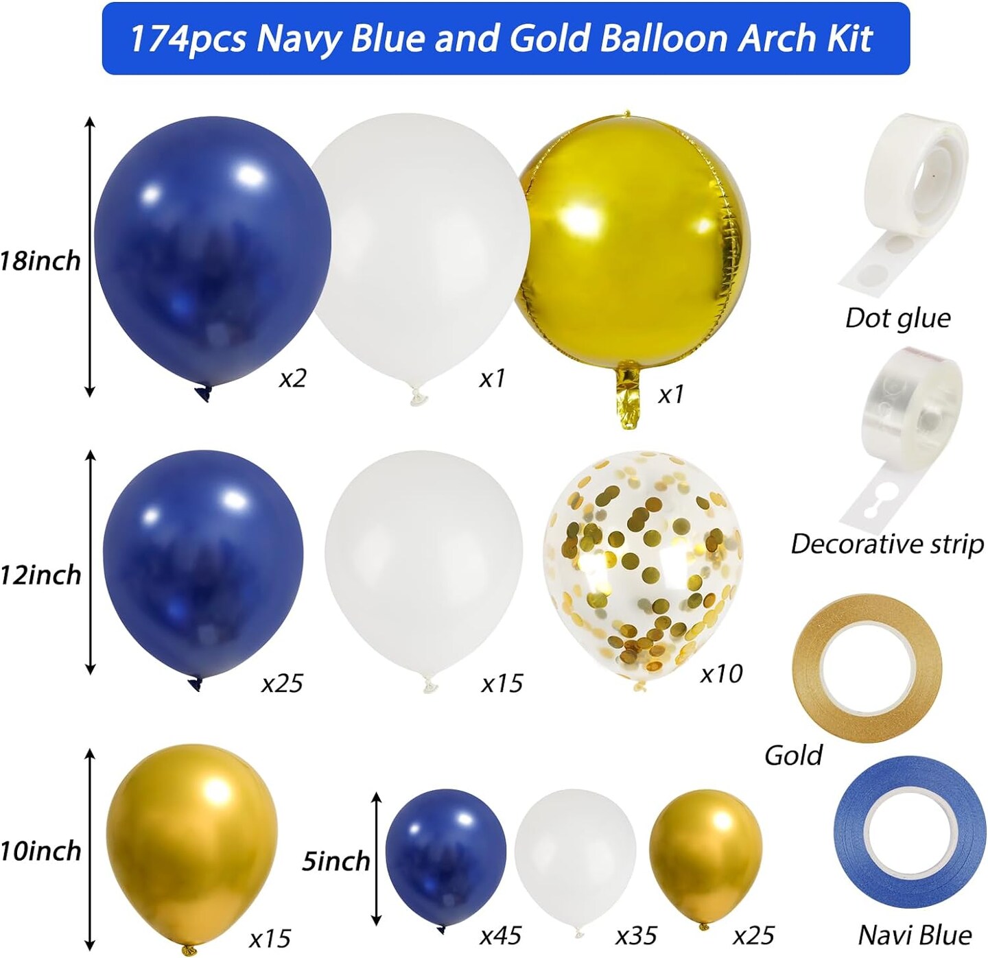 174pcs Navy Blue Gold Balloons Garland Arch Kit, Metallic Gold Latex White Confetti Mixed Sizes Balloons Foil Balloons for Baby Shower Birthday Party Wedding Graduation Decoration