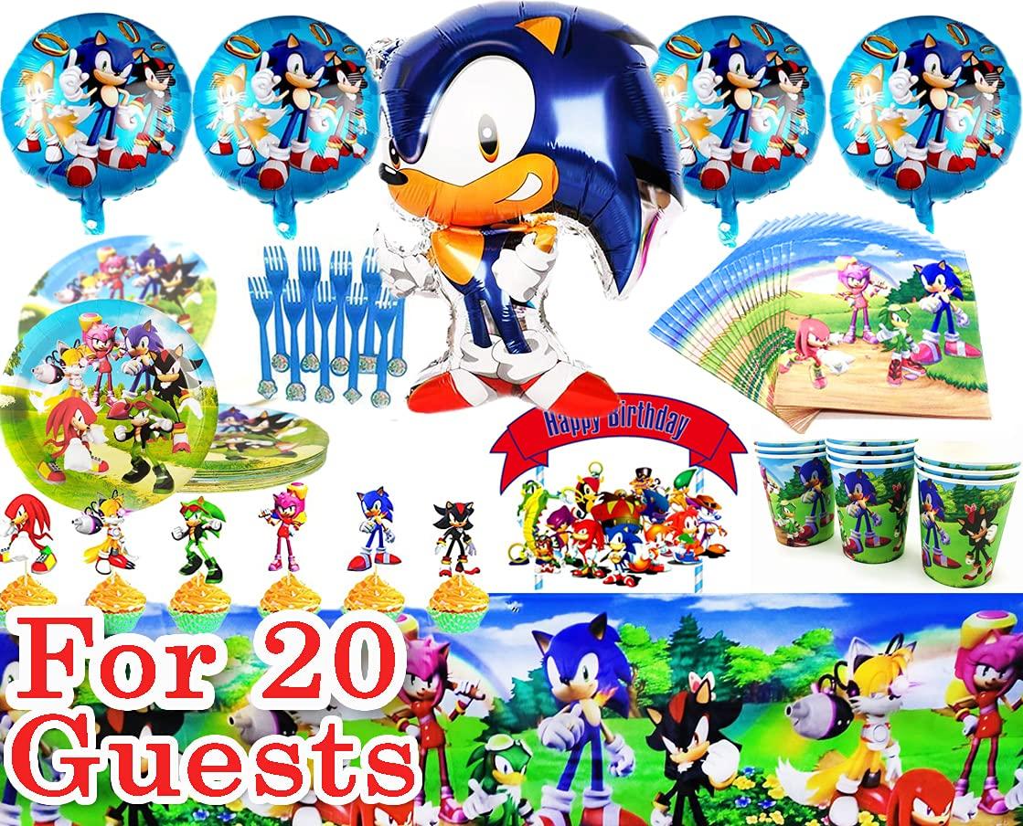 Sonic Party Supplies 94 pcs 20 Plates   20 Napkins   2 Tablecloth   20 cups   20 Forks   5 Balloons   1 Big Topper   24 Toppers  Birthday Party Supplies Children Party Favor Pack Set for Kids Boy and Girl