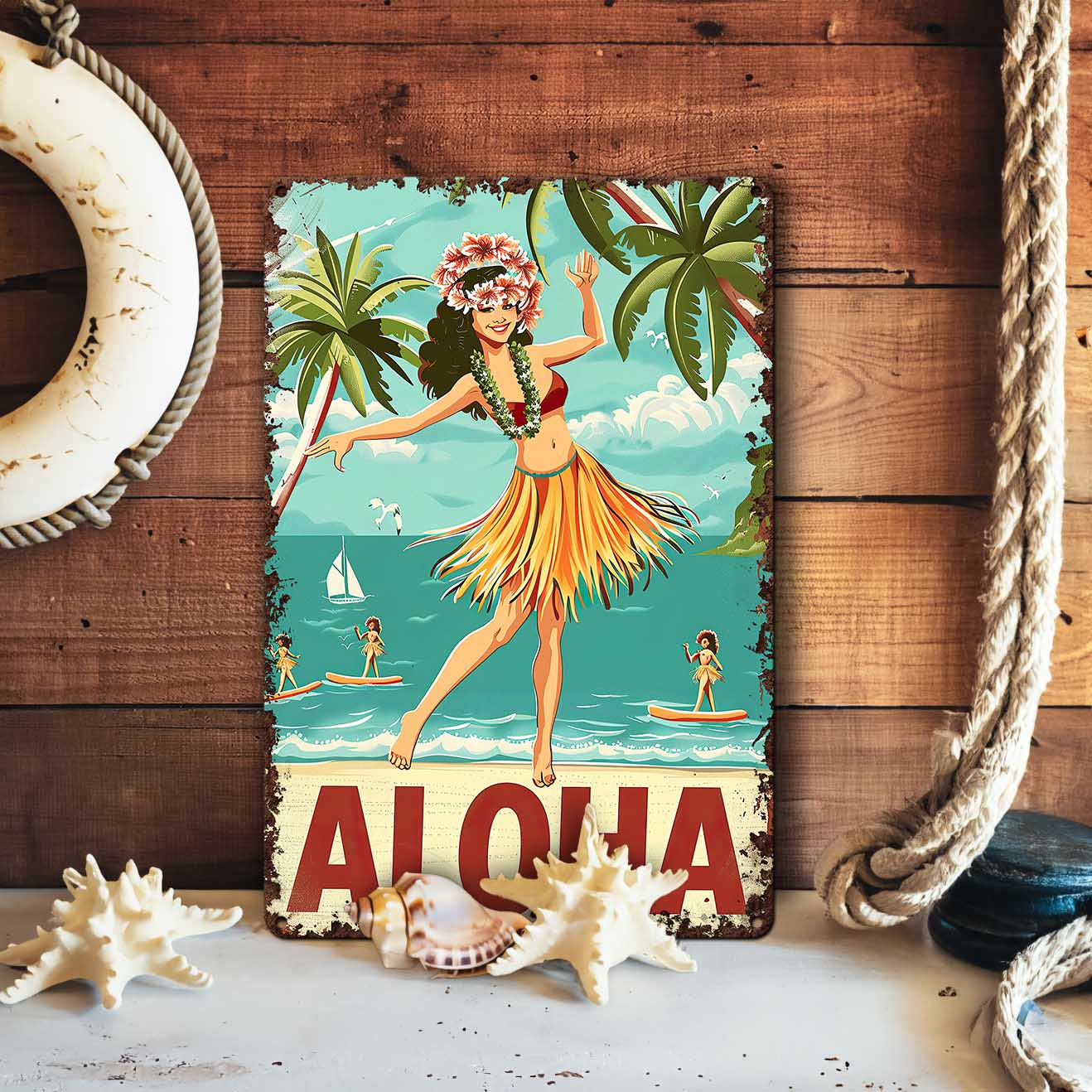 Aloha Decor Sign - Retro Hawaii Hulu Dancer Wall Decoration For