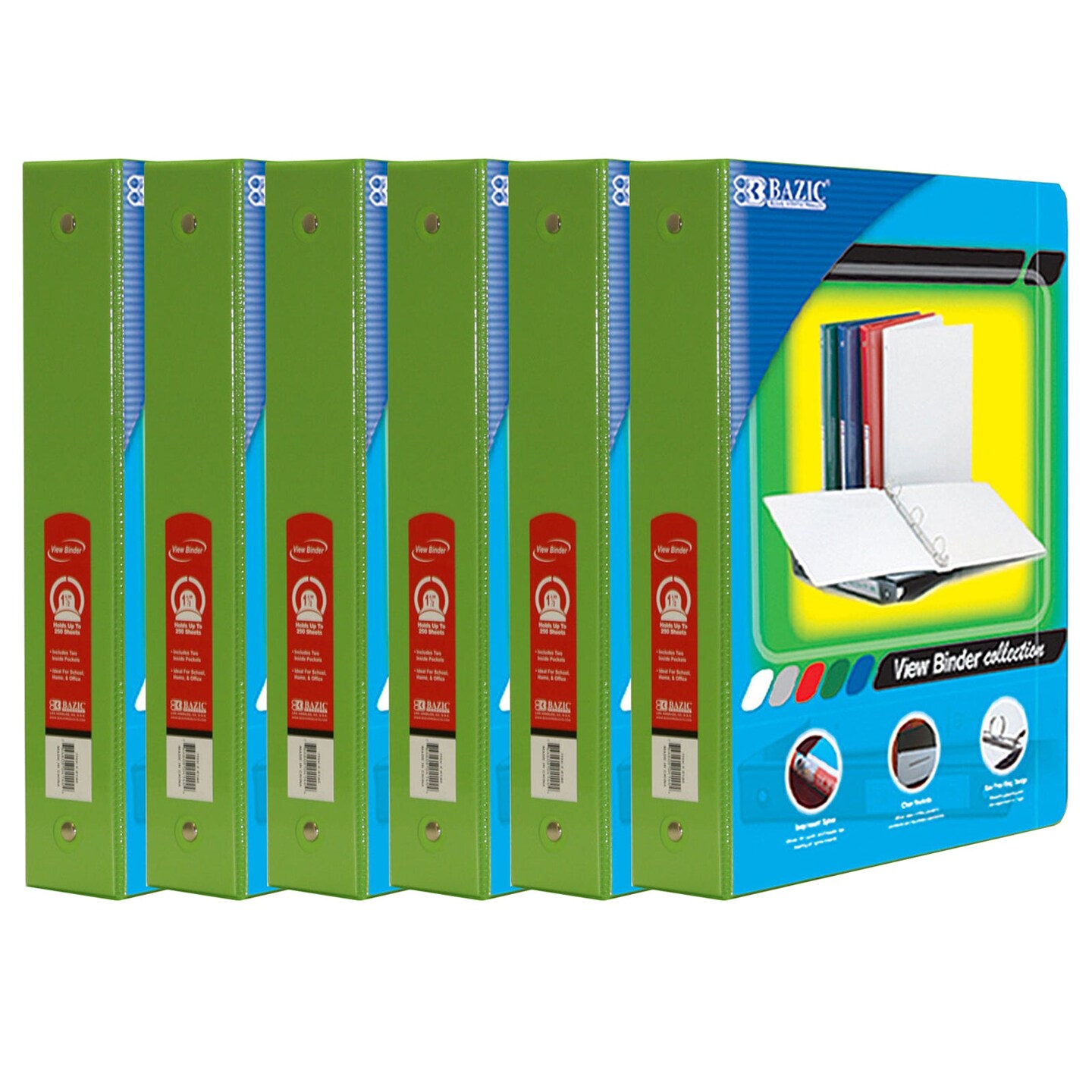 3-Ring View Binder with 2 Pockets, 1.5&#x22;, Lime Green, Pack of 6