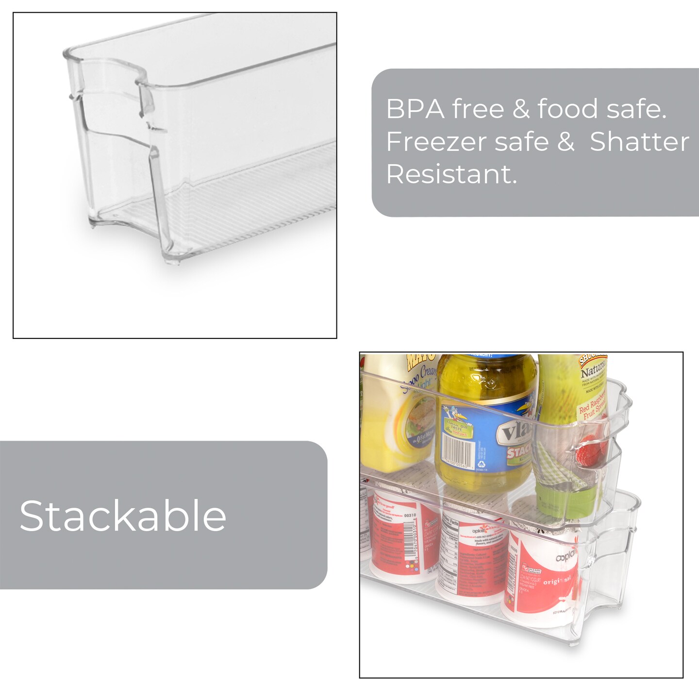 Smart Design Stackable Set of 4 Refrigerator Bins with Handle - 4 x 15 Inch - Clear