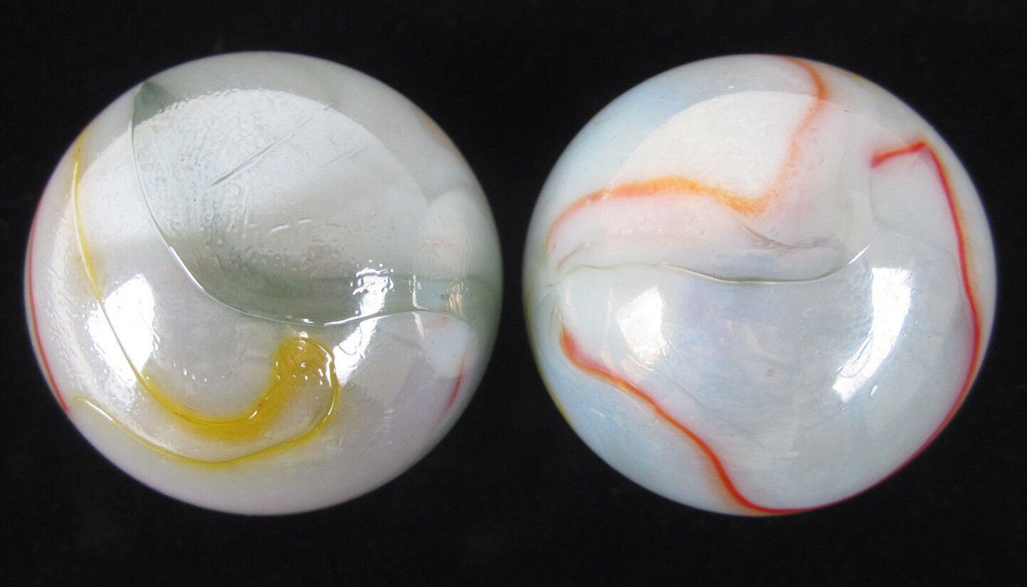 2 mammoth 1 5/8&#x22; COCKATOO White Red Marbles Glass 42mm large Swirl