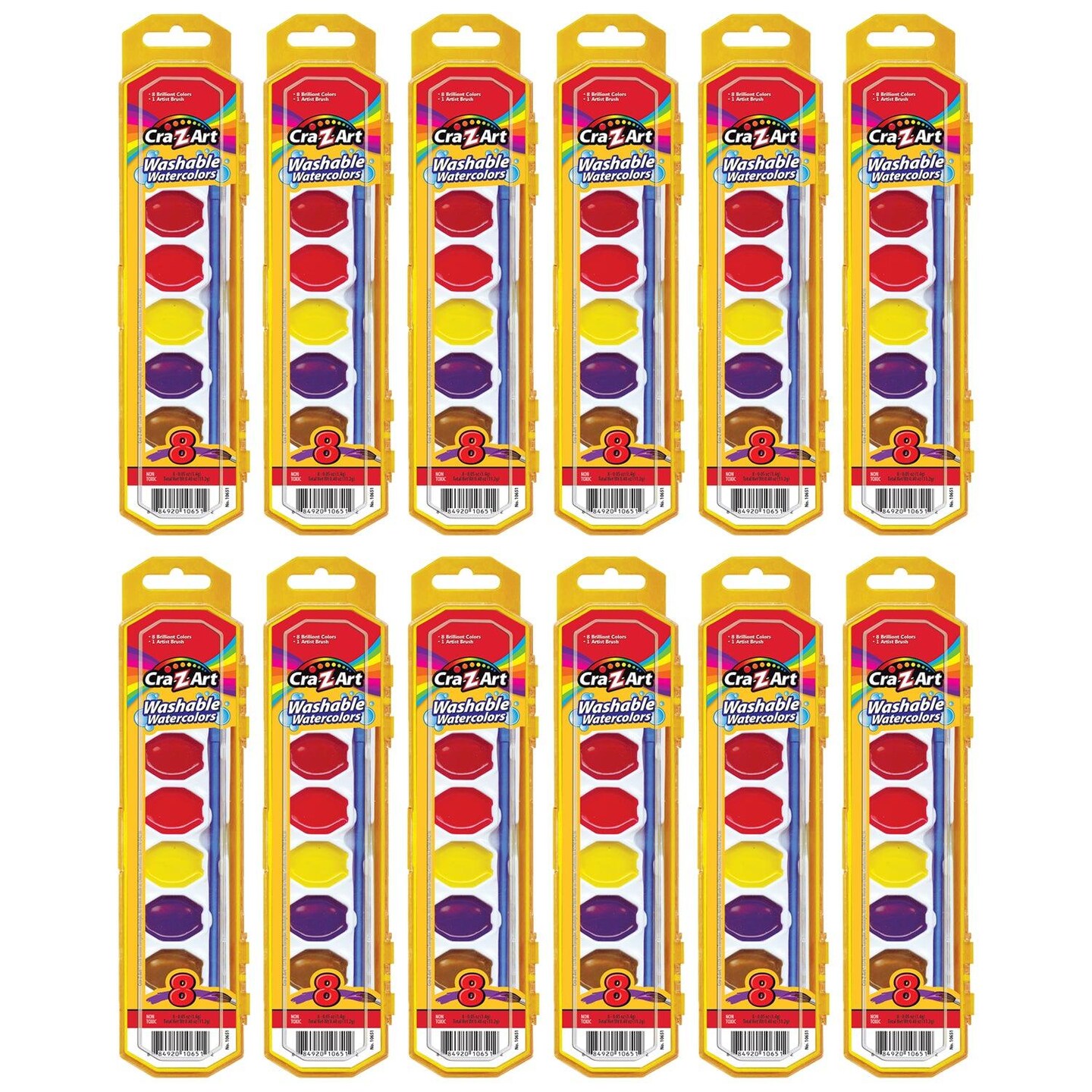 Washable Watercolors with Brush, Peggable Tray, 8 Colors Per Set, 12 Sets