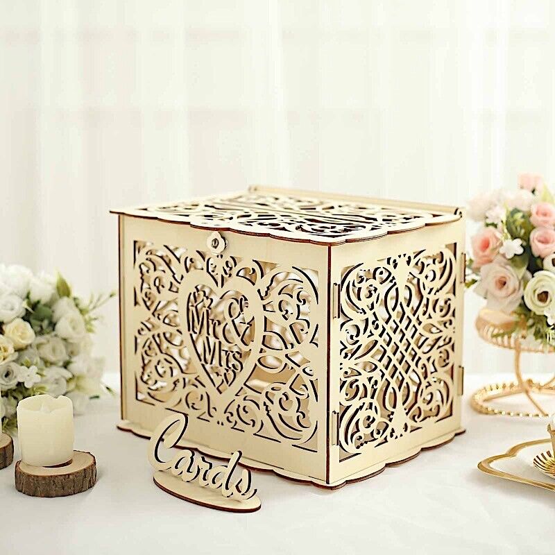 Natural Wood Mr & Mrs Laser Cut Wedding Gift Money Card Box SIGN STAND
