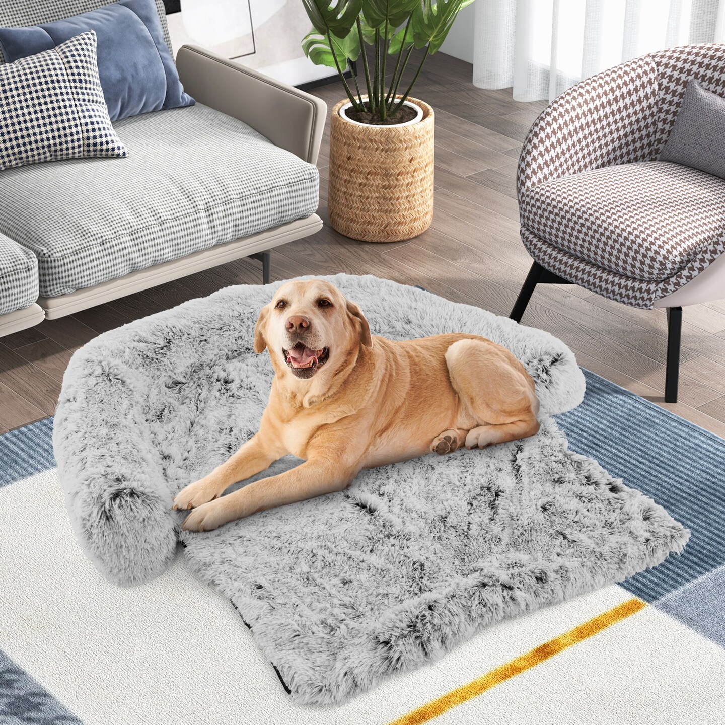 Plush Calming Dog Couch Bed with Removable and Washable Zipper Cover