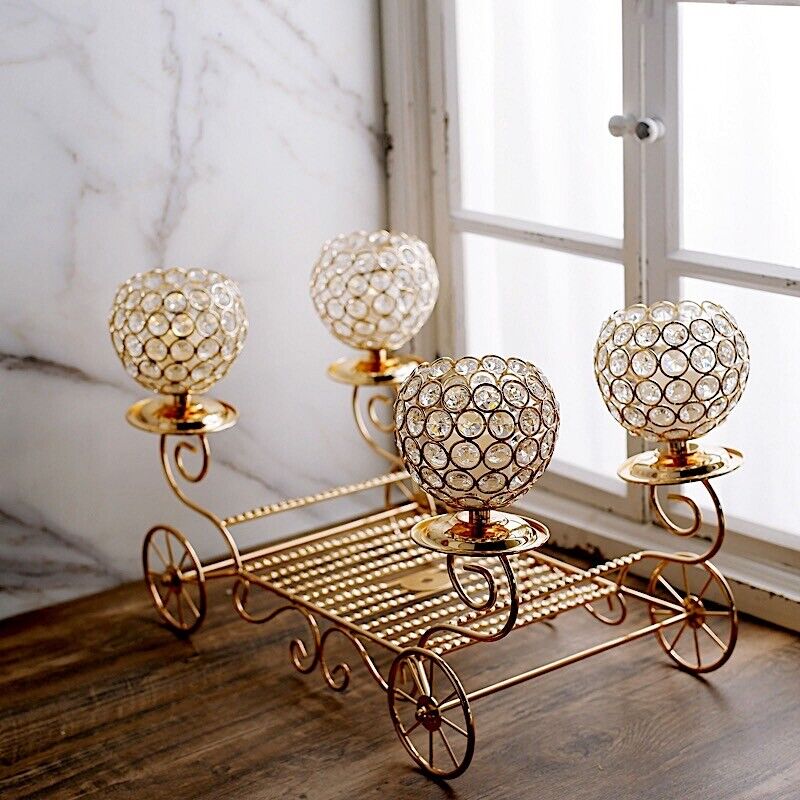 GOLD 18&#x22; Cinderella Carriage Crystal Beaded CANDLE HOLDERS CENTERPIECE