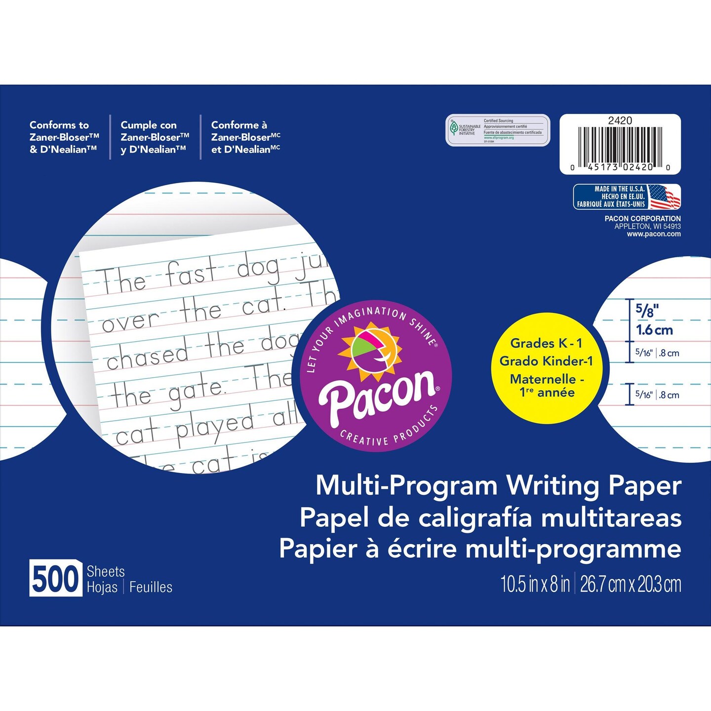 Multi-Program Handwriting Paper, 5/8&#x22; Ruled (Long Way), White, 10-1/2&#x22; x 8&#x22;, 500 Sheets Per Pack, 2 Packs