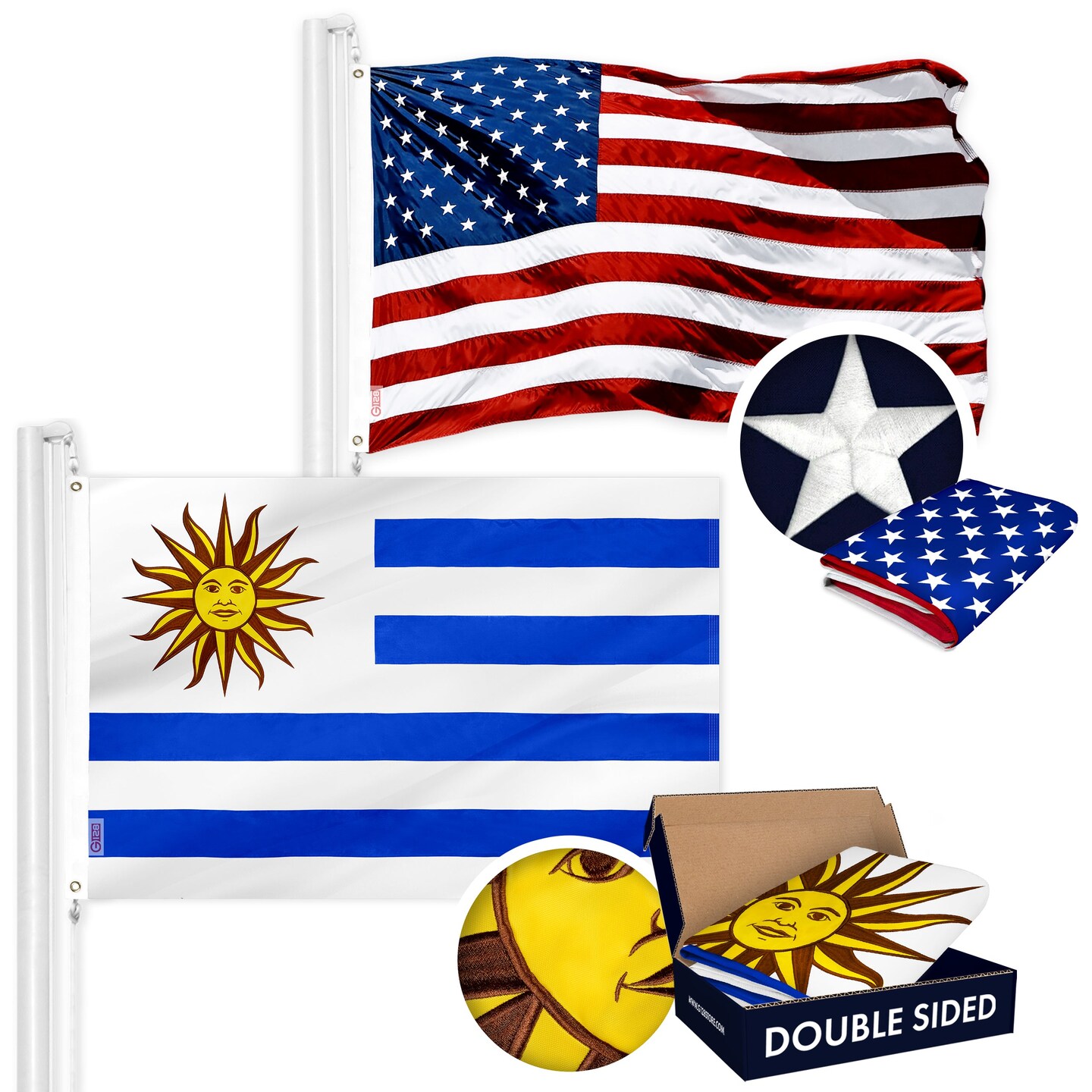 G128 Combo Pack: USA American Flag 3x5 Ft Embroidered Stars &#x26; Uruguay (Uruguayan) Flag 3x5 Ft Double-sided Embroidered 210D