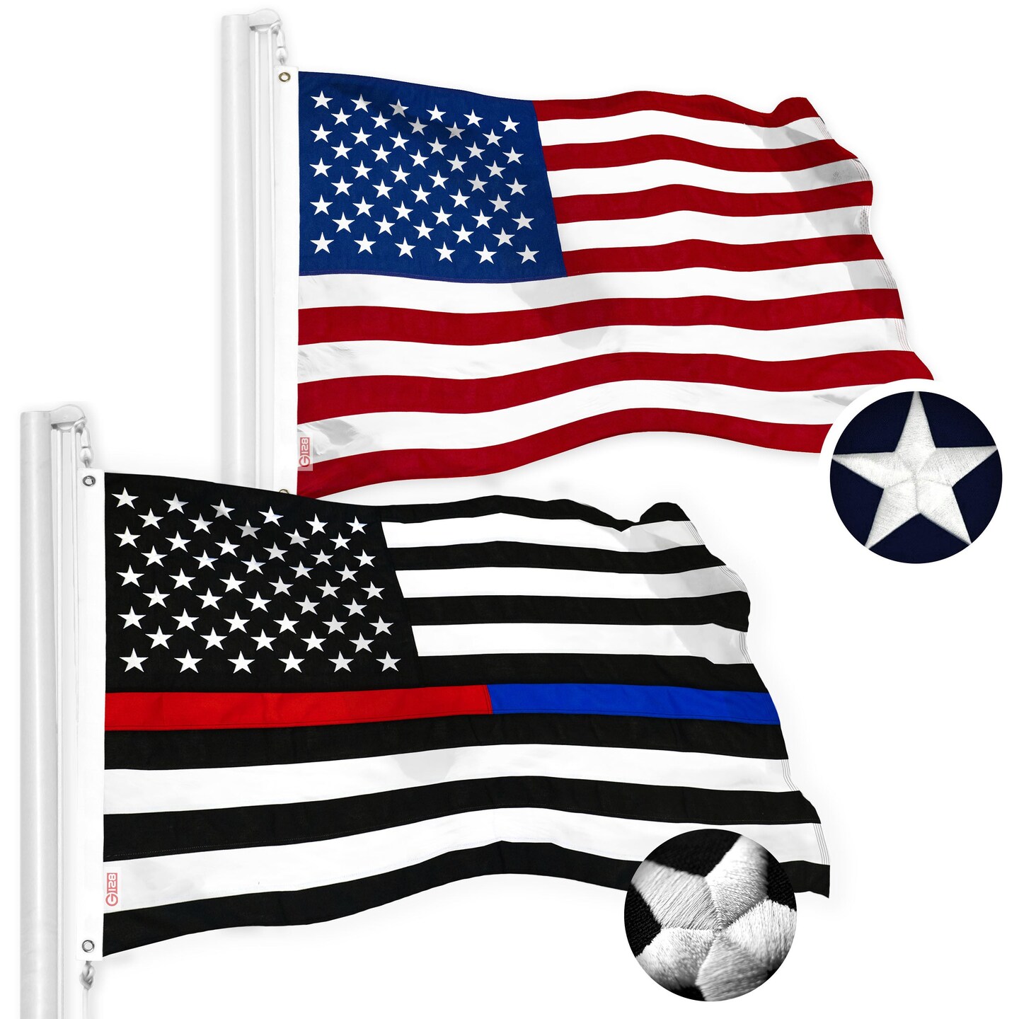G128 Combo Pack: USA American Flag &#x26; Thin Blue/Red Line Flag 2.5x4 Ft Embroidered Spun Polyester, Indoor/Outdoor, Brass Grommets, Police and First Responder Flag