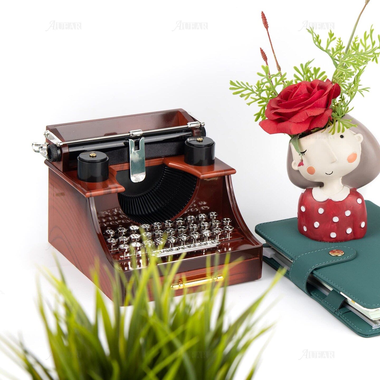 Vintage Typewriter Music Box with Drawer Clockwork for Home Office Decoration