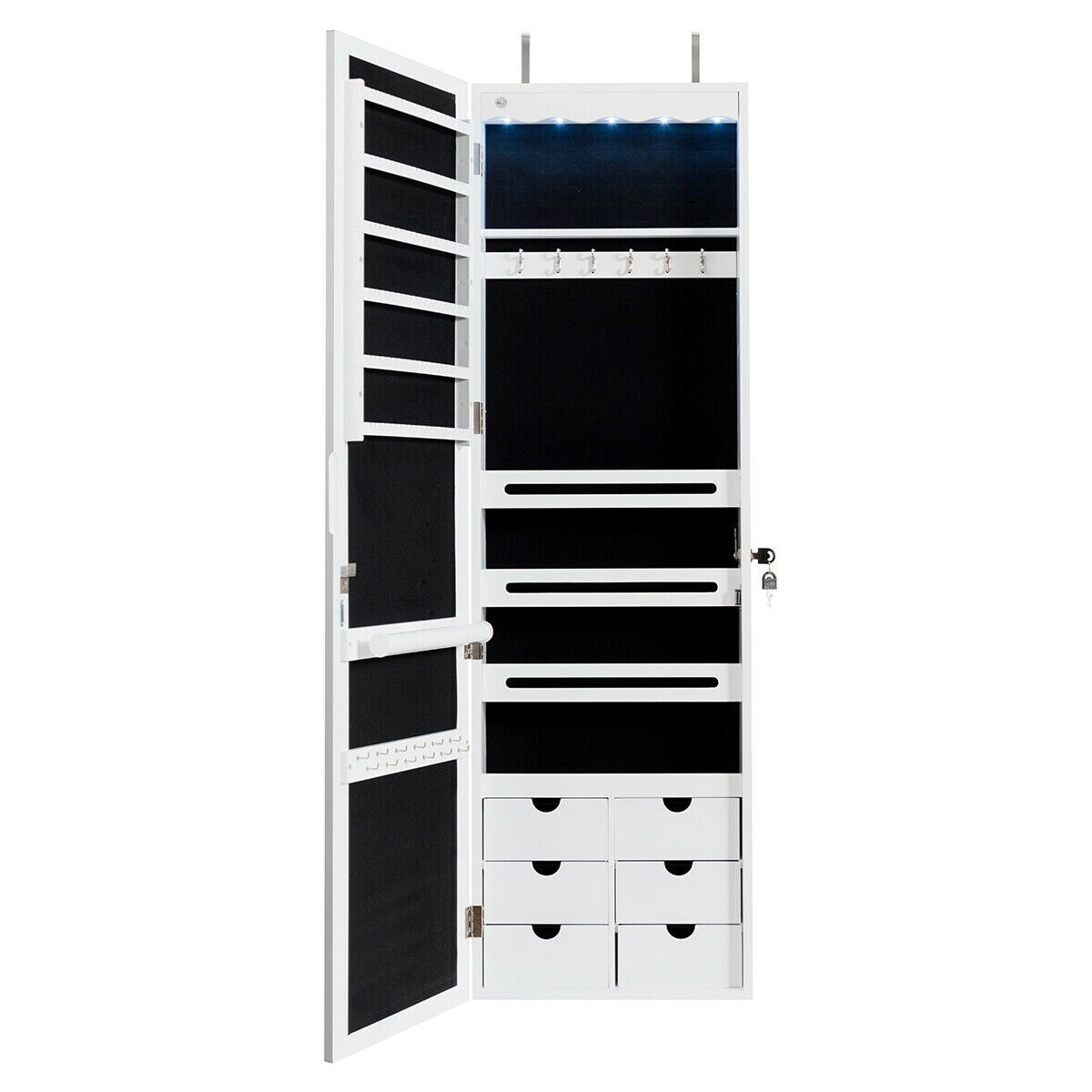 5 LED Lights Lockable Mirror Jewelry Cabinet Armoire With 6 Drawers