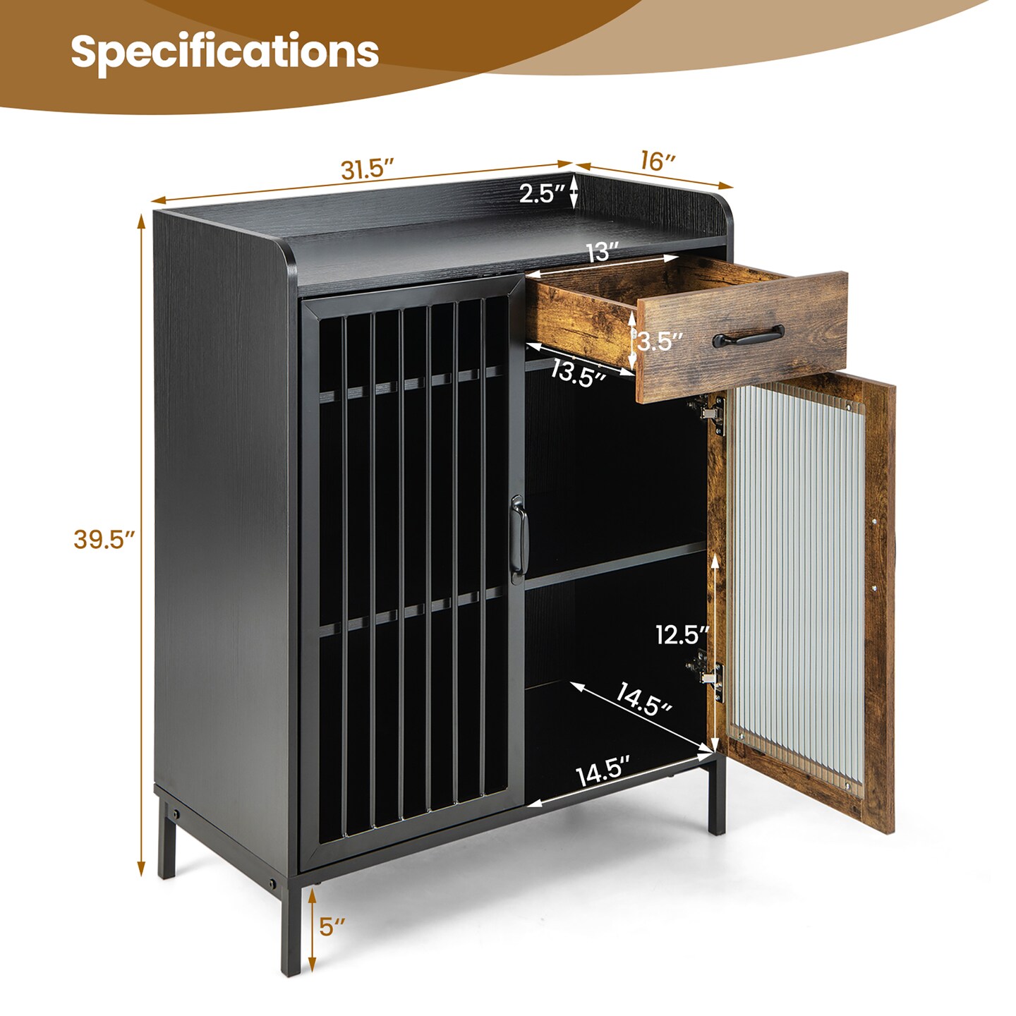 Costway Kitchen Sideboard Buffet Bar Cabinet Accent Cupboard with Metal Glass Door & Drawer
