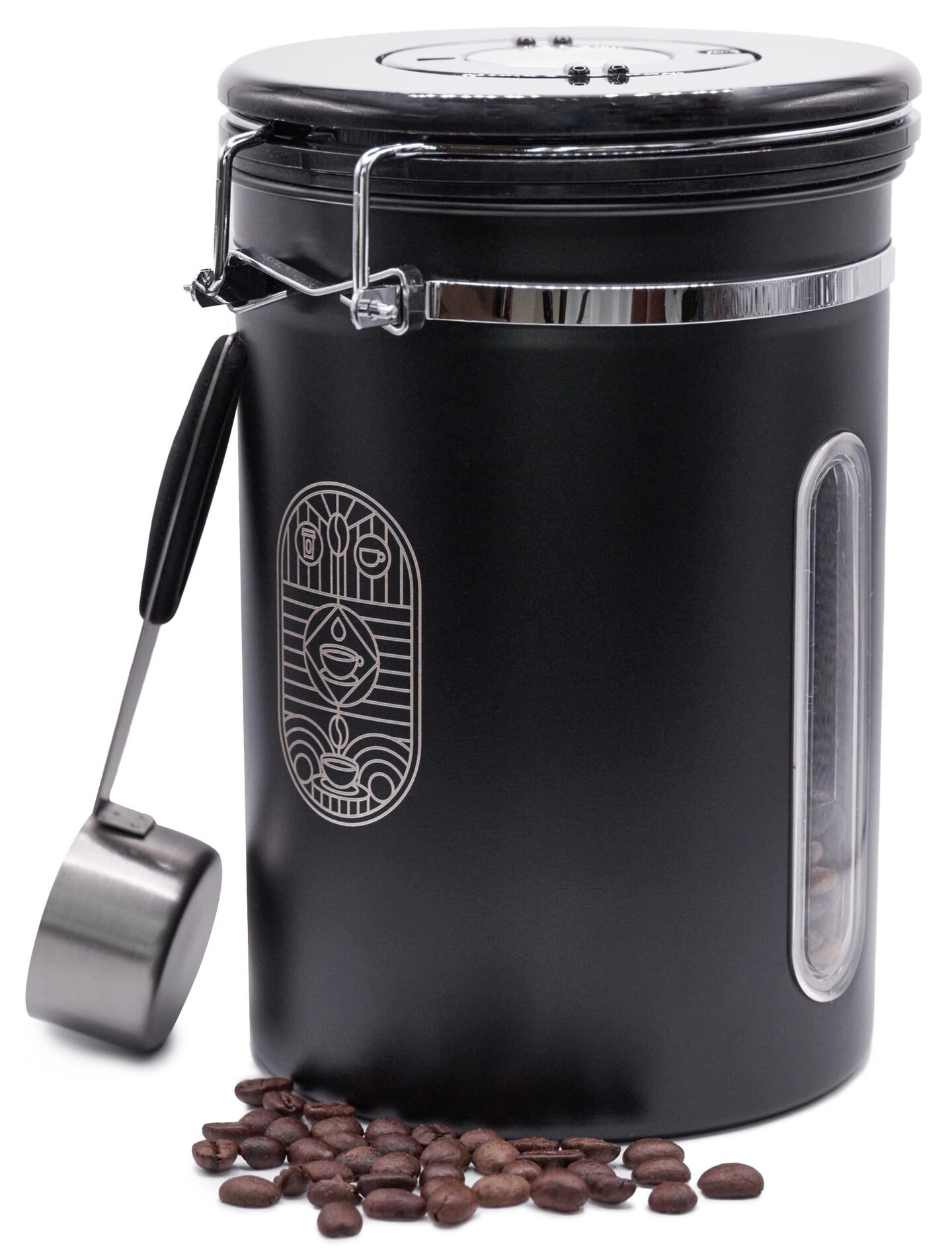 Stainless Steel Coffee Canister   Airtight Kitchen Food Storage Container with Date Tracker CO2 Release Valve and Measuring Scoop For Ground Coffee Beans Tea Sugar Large (Black)